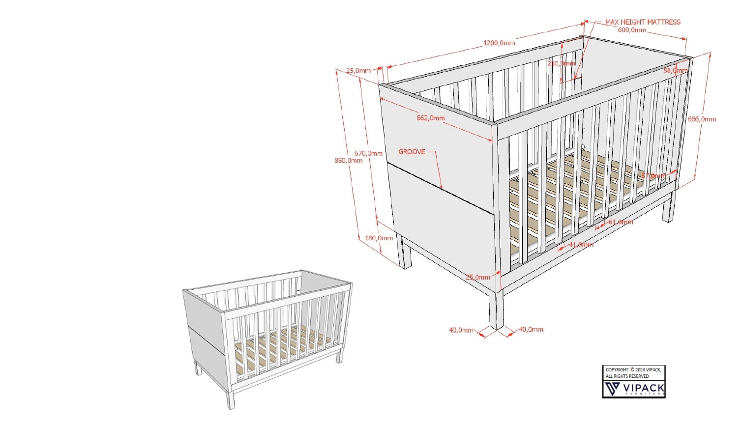 Vipack Babybett »in gradlinigem Design, standfest gebaut, pflegeleichte Oberfläche« 60x120 cm, 3-fach verstellbarer Lattenrost, Ausf. weiss lackiert