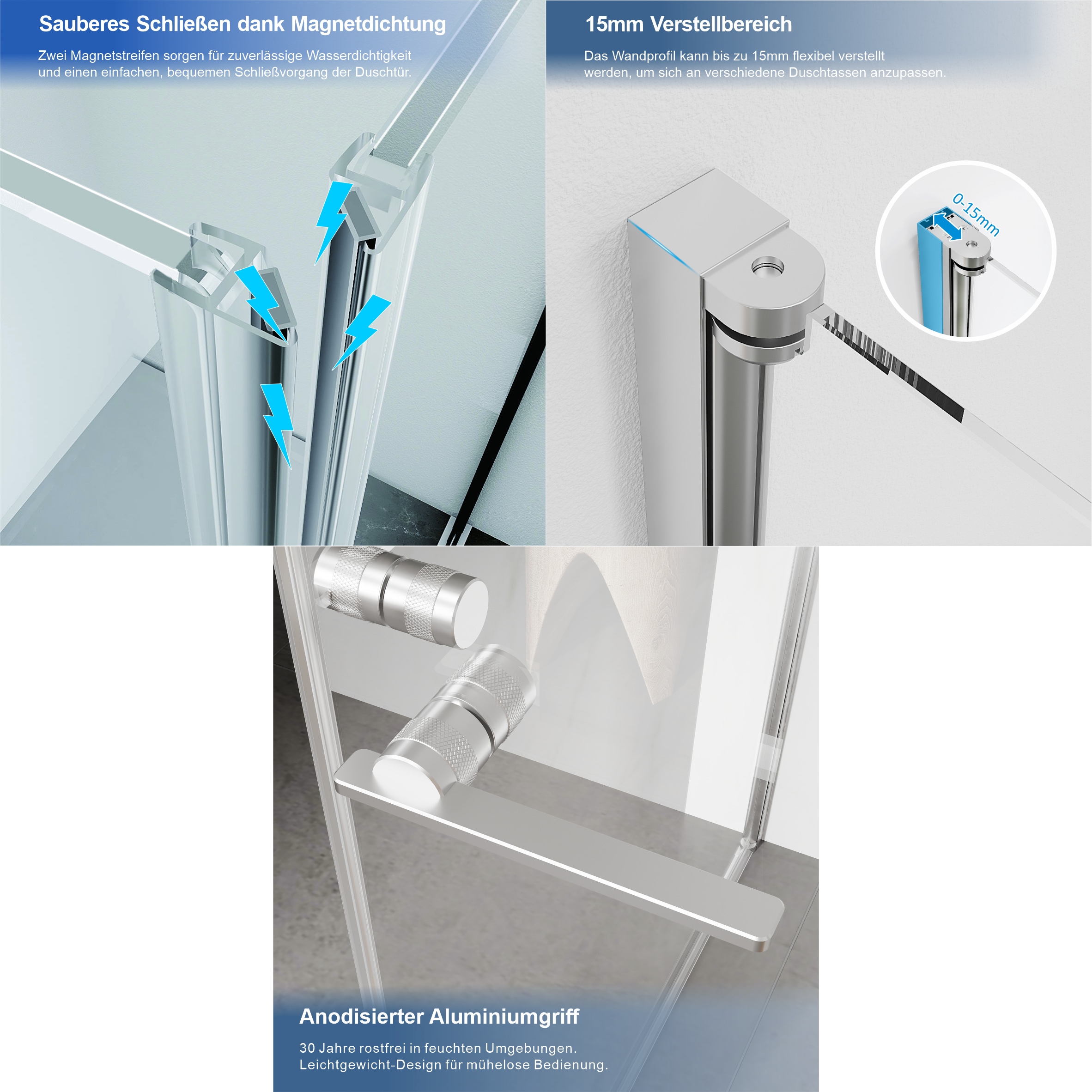 GOODproduct Douche d'angle »Firenze« design sans cadre avec poignées extravagantes, 6mm ESG