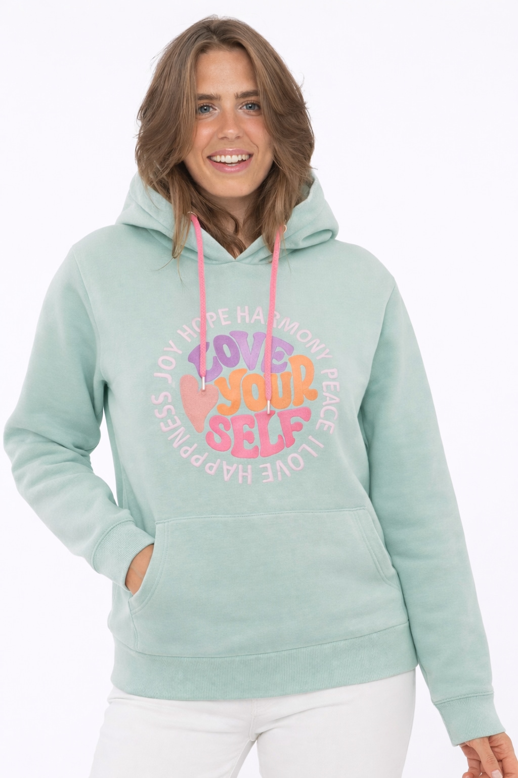 Zwillingsherz Hoodie »"Love Yourslef"«, runde grosse Frontstickerei, farbige Kordel, Kängurutasche
