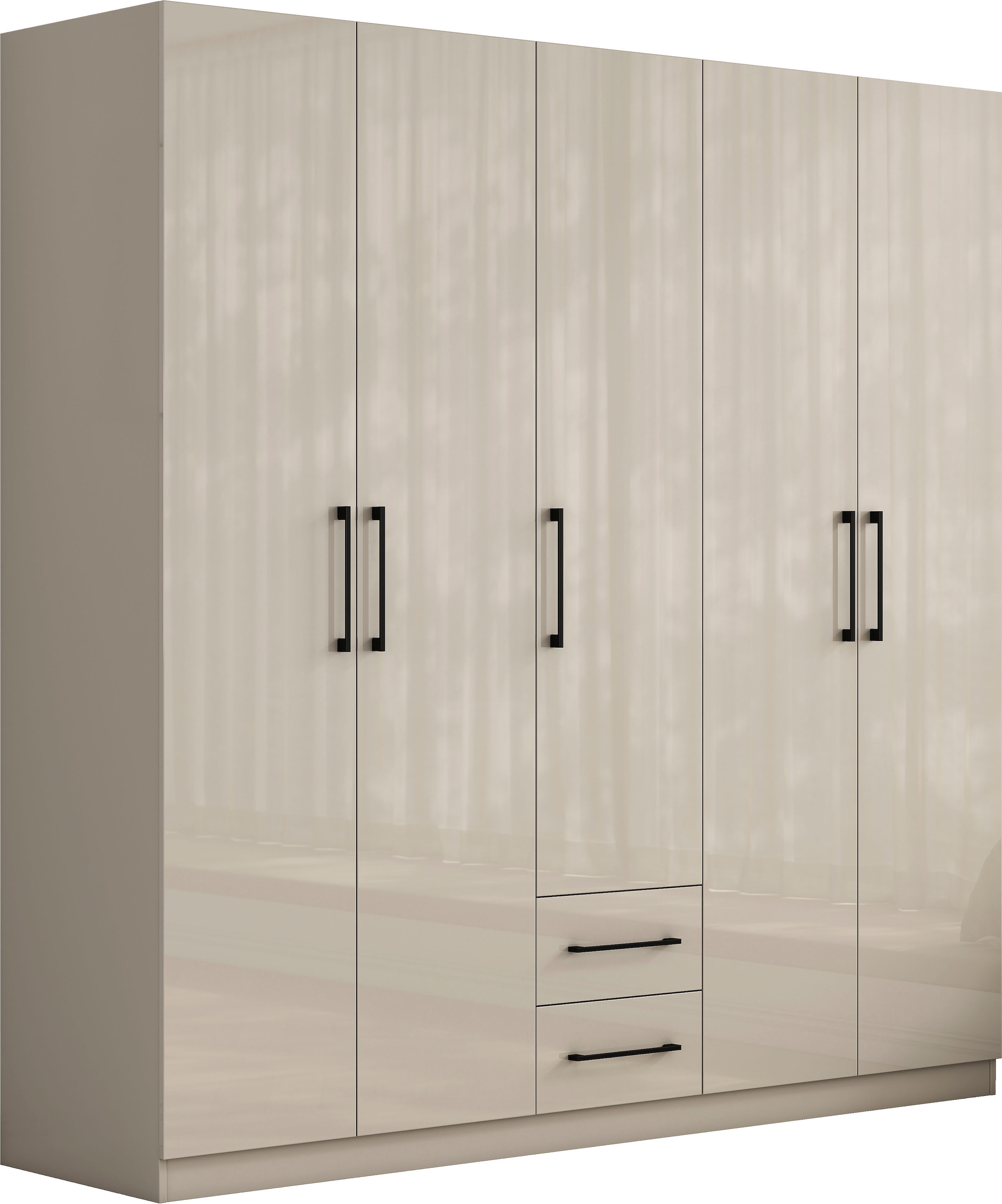 GOODproduct Armoires à vêtements »Sylt Schlafzimmerschrank Garderobe Schrank  in hochglanz weiss« 5 portes, 2 tiroirs, poignées noires modernes, 7 étagères,  Armoire à portes tournantes avec aménagement intérieur parfait, largeur 200cm