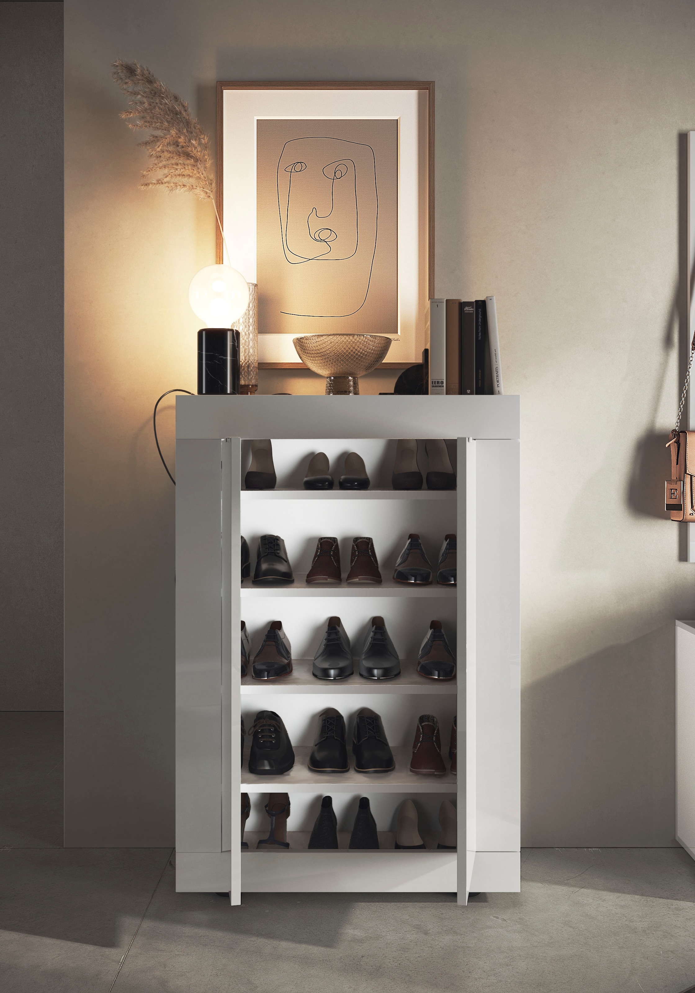 Home affaire Armoire à chaussures »Basic Breite 78 cm, Höhe 116 cm, Schuhkommode,« moderne Rahmenoptik, Metallgriffe, 4 Einlegeböden