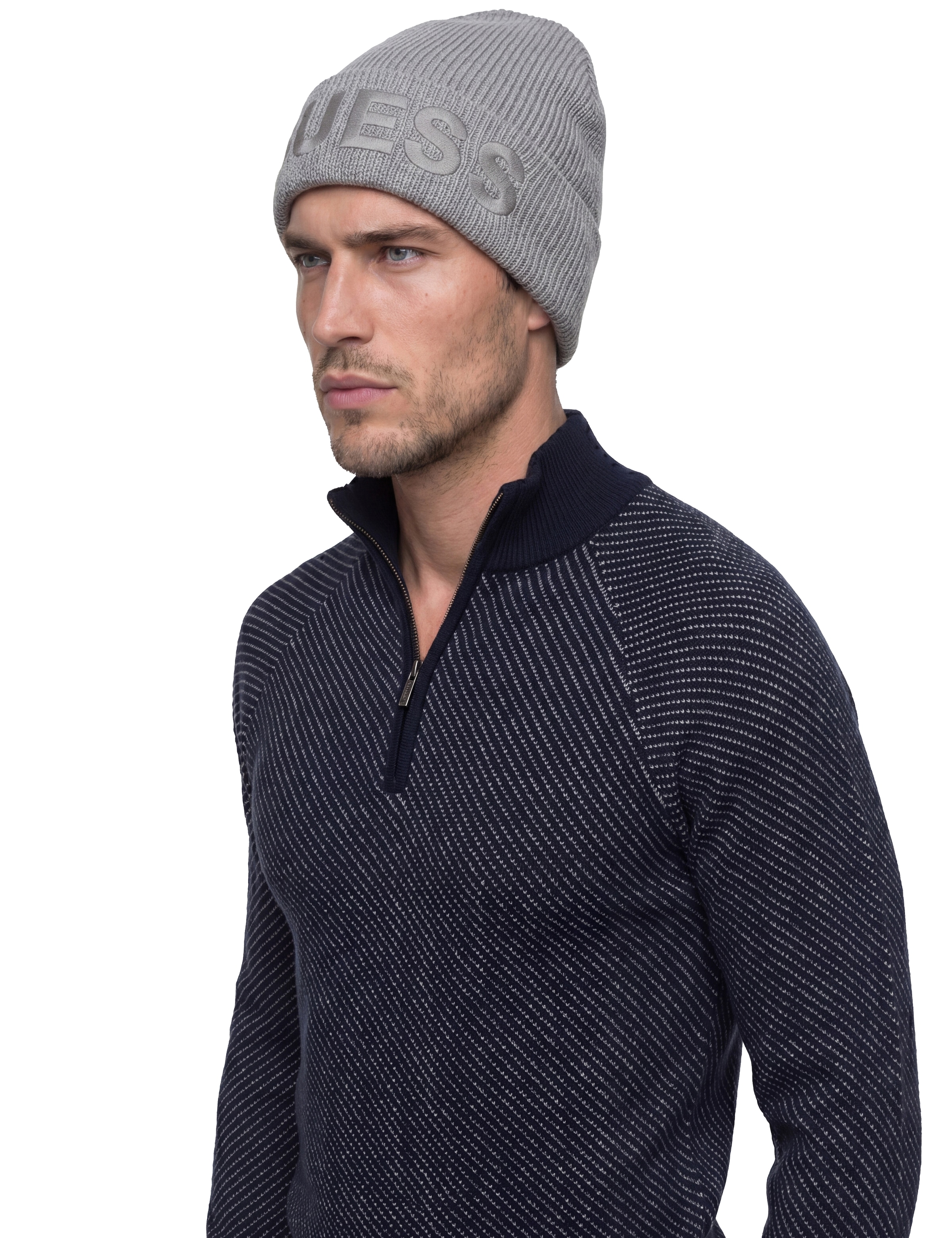 Guess Pull jacquard »NICO DIAGONAL STITCH« mit Wolle, Stehkragen mit Reissverschluss, Jaquard-Strick