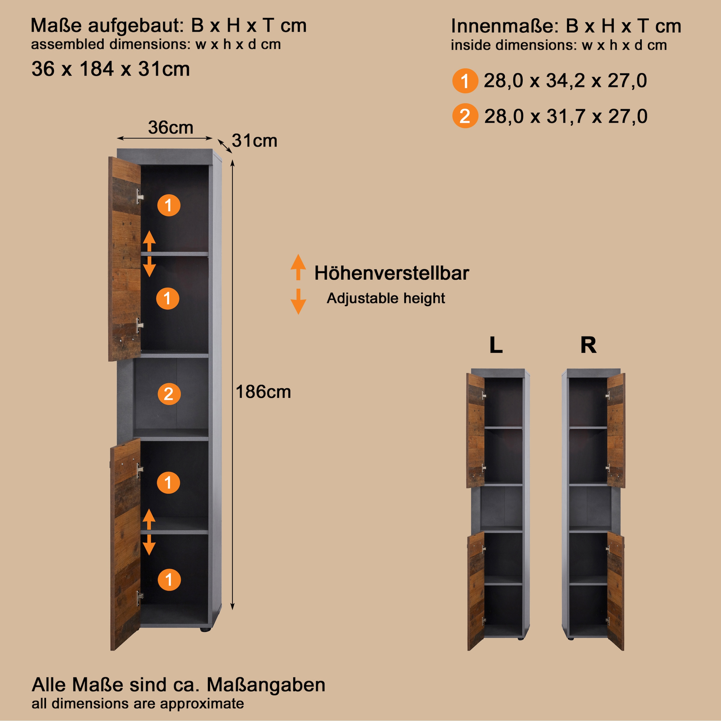 INOSIGN Hochschrank »Ilana« Hochschrank mit 2 Türen & 1 Fach - (B/T/H) 36/31/184 cm