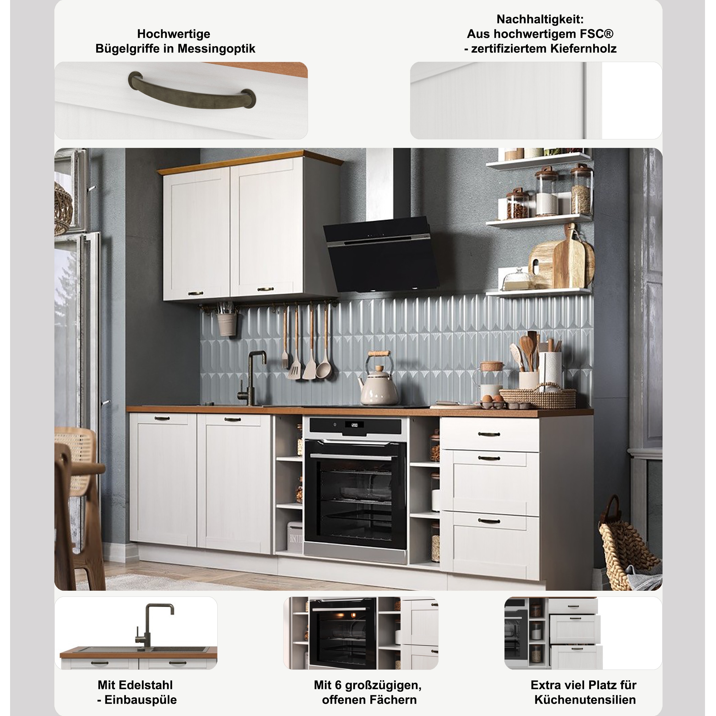 Home affaire Kitchenette »Teramo« Set, Kombinierbar mit anderen Möbelstücken der Serie Teramo,  Breite 250 cm, Kiefer massiv, mit Arbeitsplatte