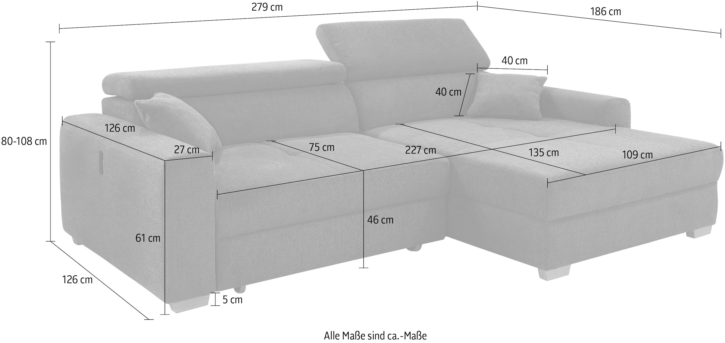 Jockenhöfer Gruppe Ecksofa »Slider L-Form, B: 277 cm Couch, 60cm elektrische Sitztiefenverstellung« 140kg Belastbarkeit, USB-Anschluss, Kopfteilverstellung & Zierkissen