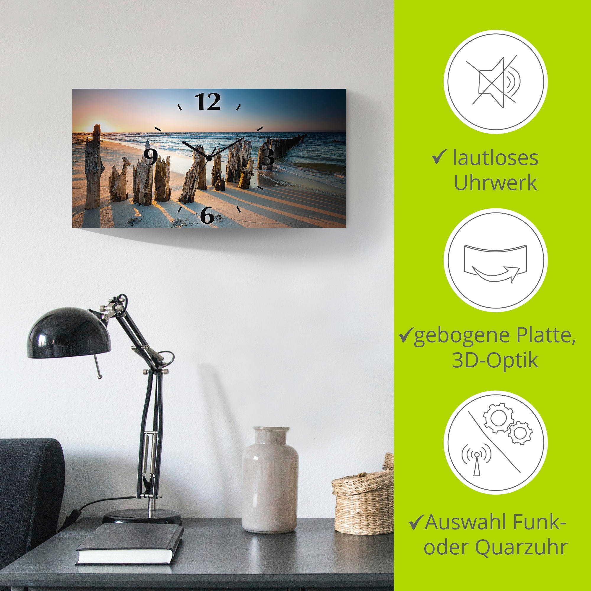 Artland Wanduhr »Sonnenuntergang Strand Wellenbrecher« 3D Optik gebogen, mit Quarz- oder Funkuhrwerk, versch. Grössen