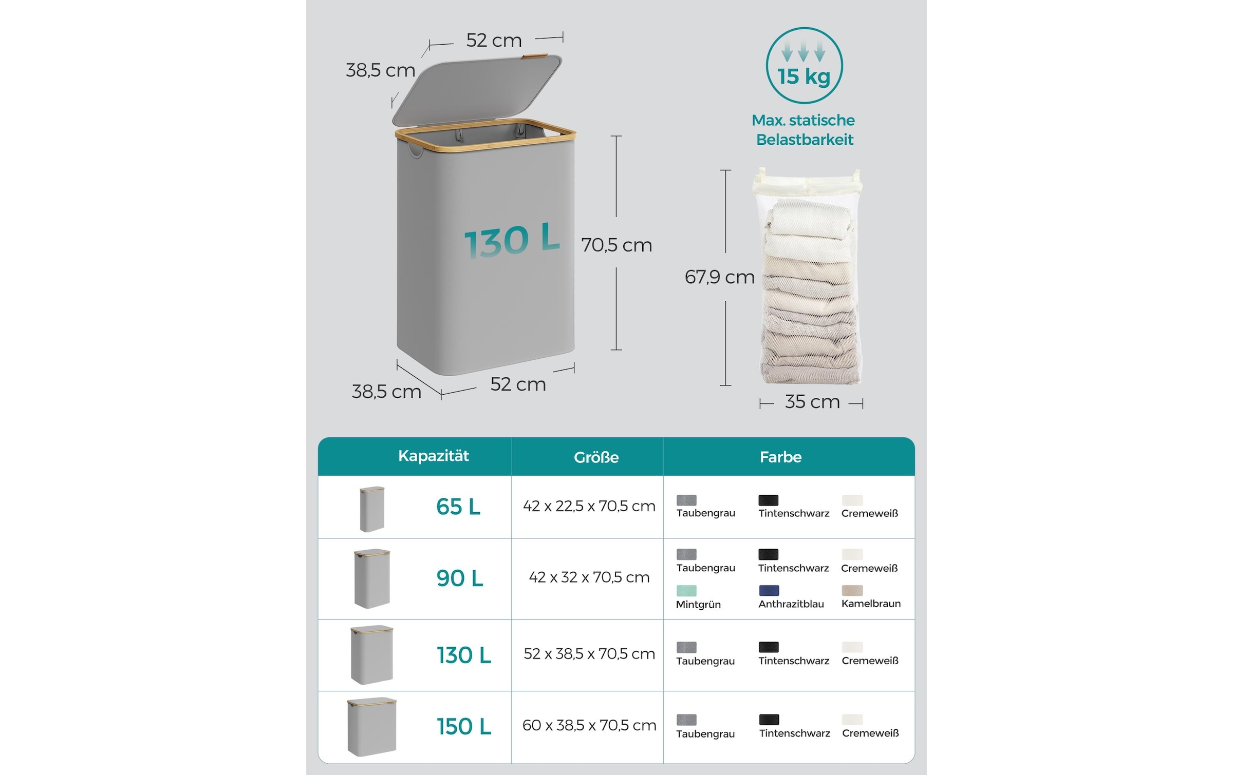 SONGMICS Wäschekorb »zusammenklappbar mit 2 Fächern 130 l«