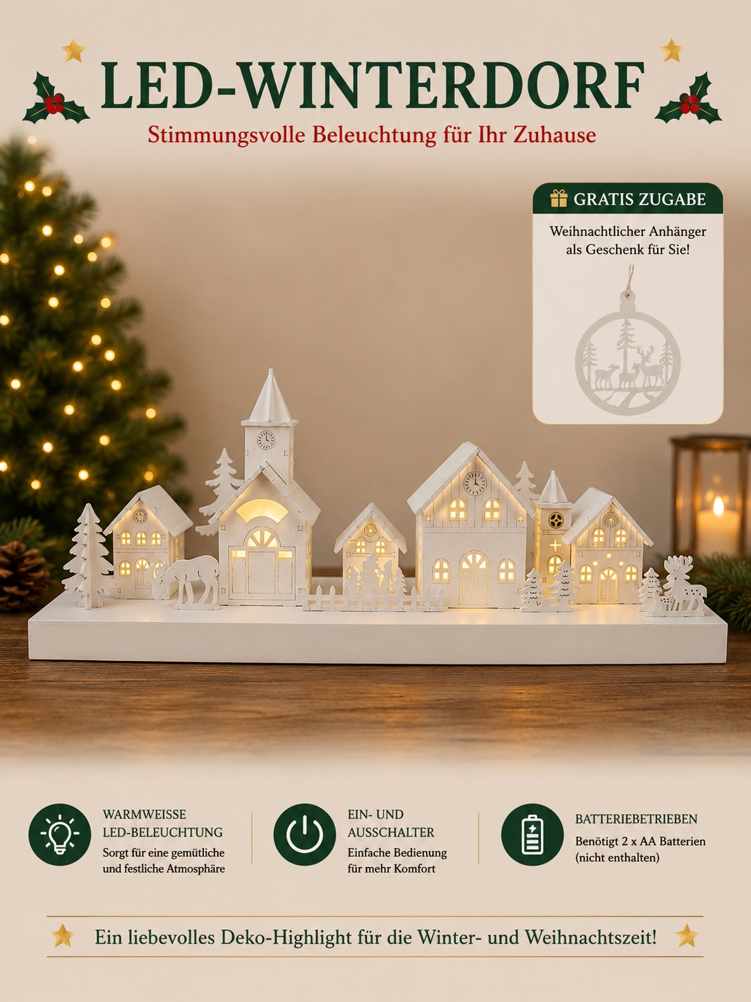 GOODproduct Weihnachtsdorf »mit LED-Beleuchtung« weisses Dorf, extra Anhänger, Höhe 17 cm