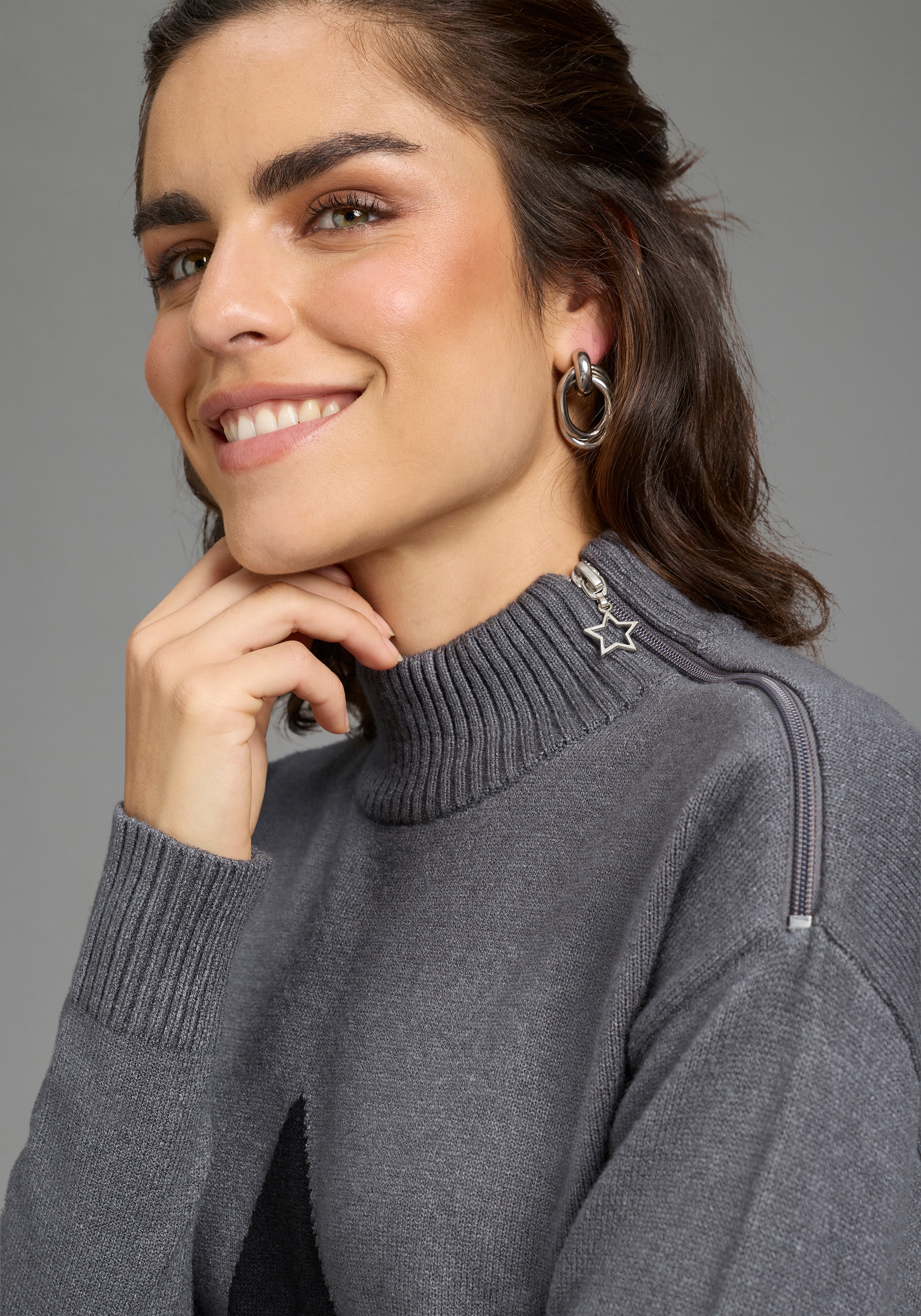 Laura Scott Pull en tricot »mit Stehkragen und Reissverschluss, lässig geschnitten« avec motif étoile