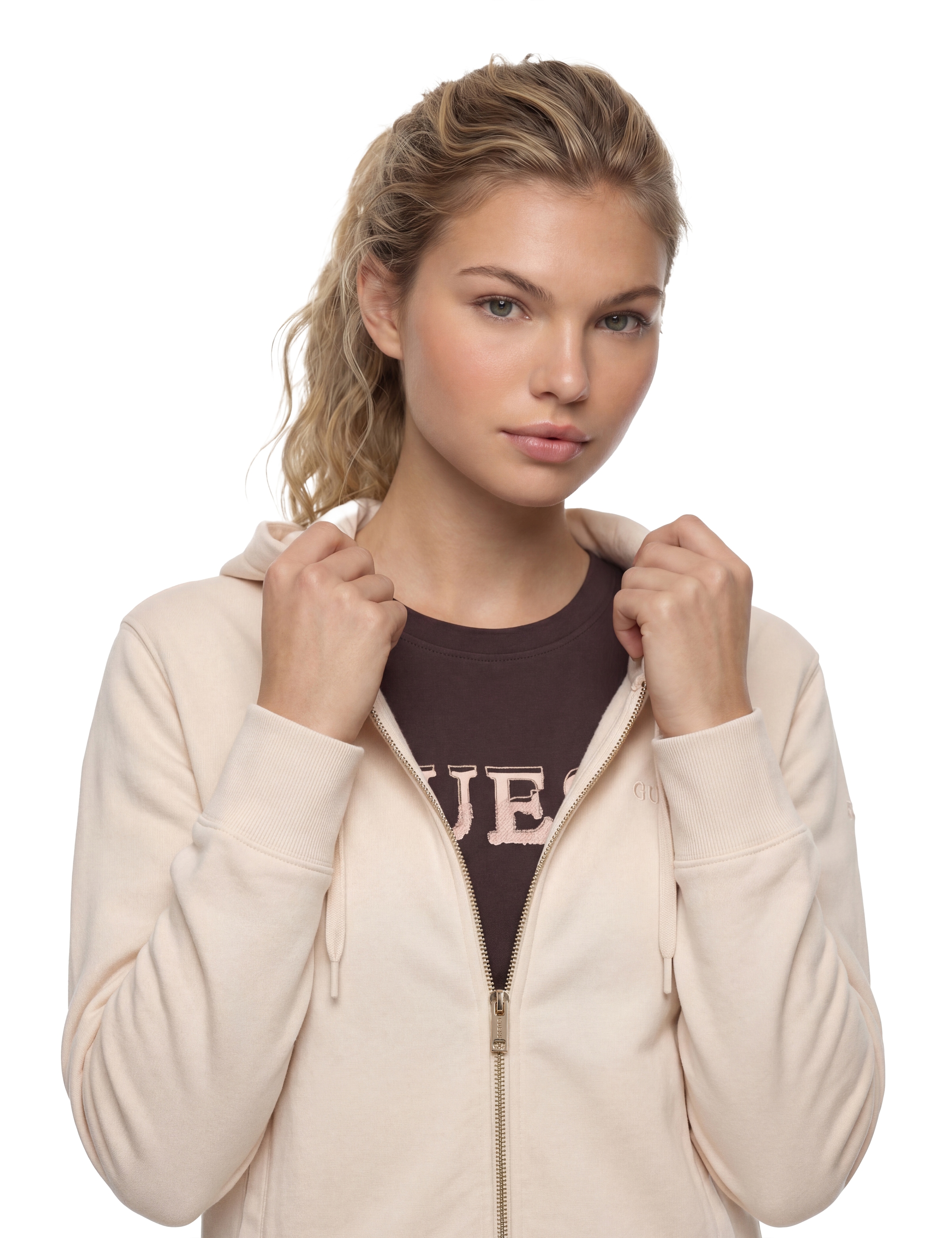 Guess Sweat à capuche »SOFIA ZIPPER SWEATSHIRT« avec broderie de logo, mélange de coton