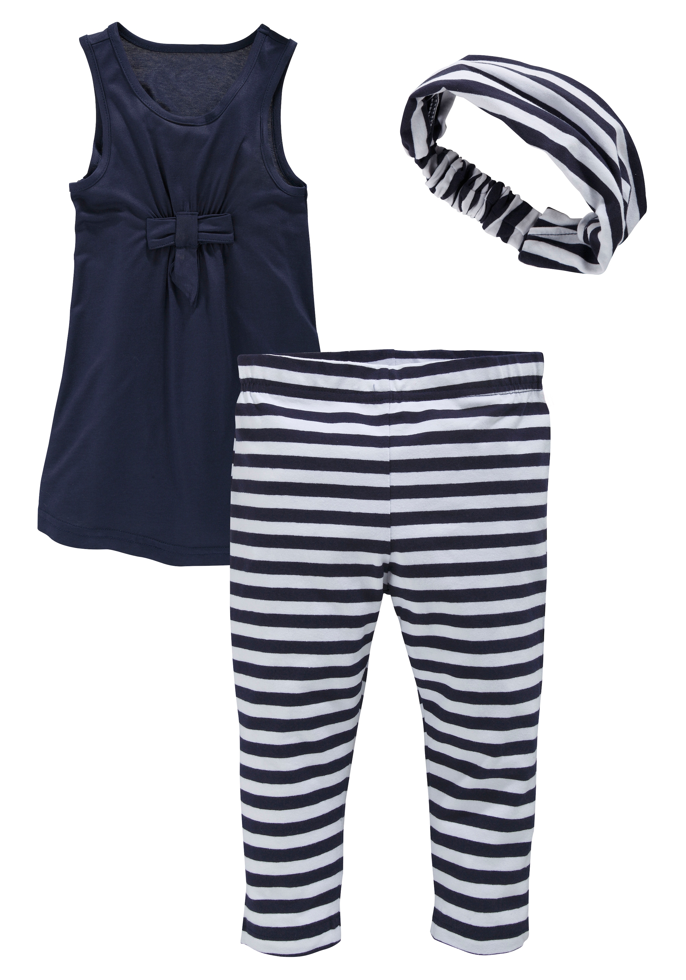 KIDSWORLD Robe, leggings & serre-tête »3tlg. Set: Kleid, Capri und Haarband geringelt« Ensemble, 3, 3 cuis capri et bandeau rayés marins