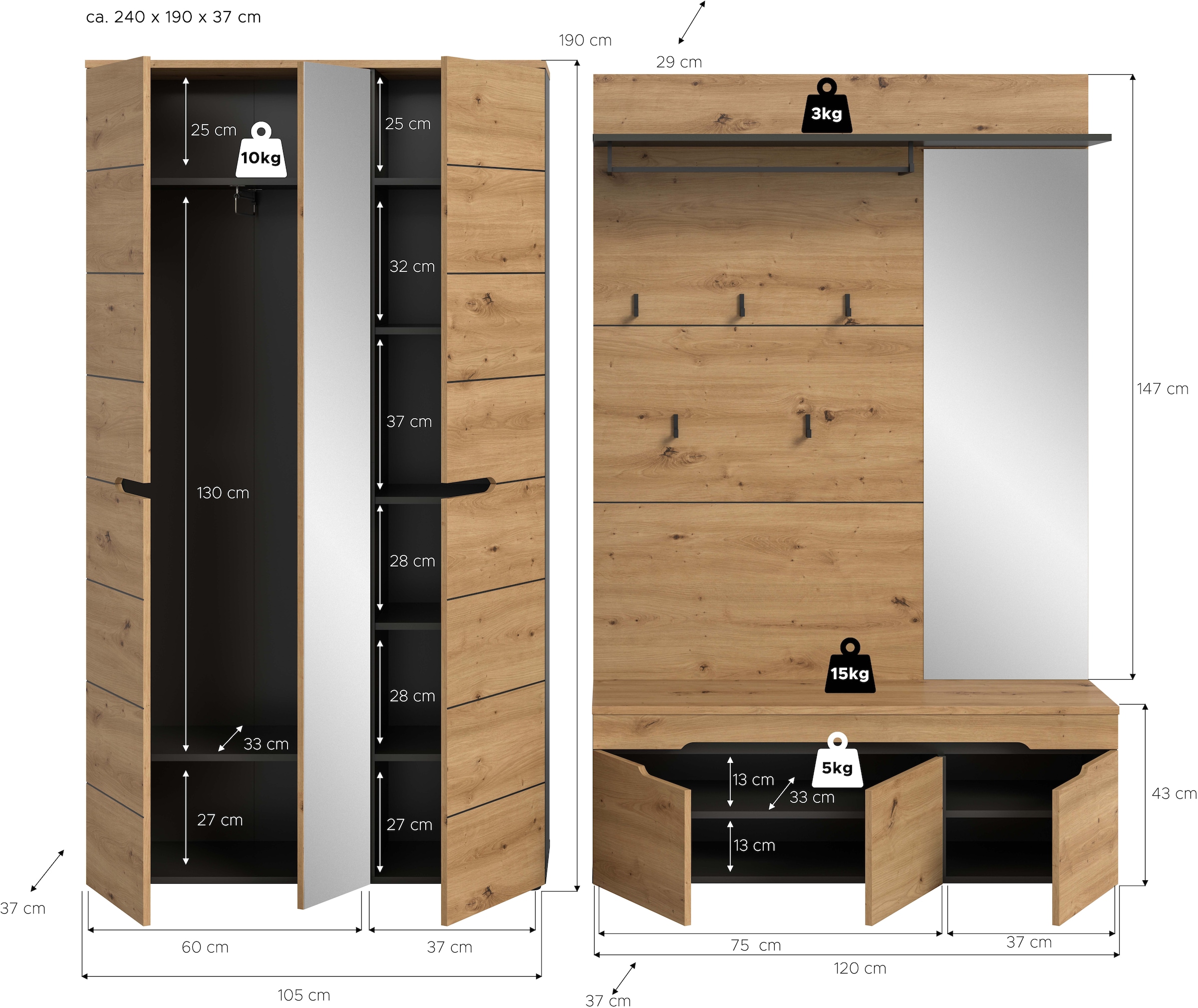 Home affaire Garderoben-Set »REHAT, TOPSELLER!, 3-teilig, Breite 240 cm, individuell stellbar« Set, best. aus: Garderobenschrank, Sitzbank & Garderobenpaneel, 3 Stk. tlg.