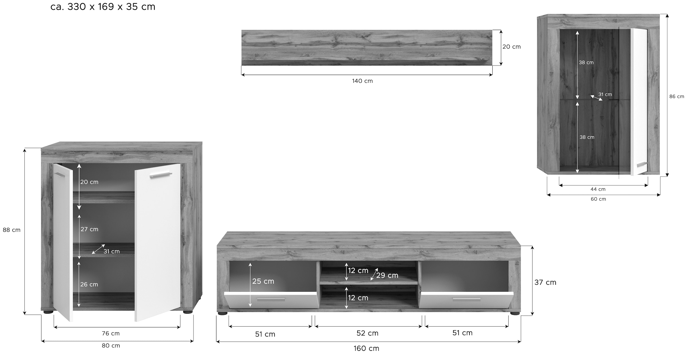 INOSIGN Meuble mural »Aosta,  4-tlg., best. aus: Highboard, Lowboard, Wandboard & Vitrine« 4 cuis tlg.