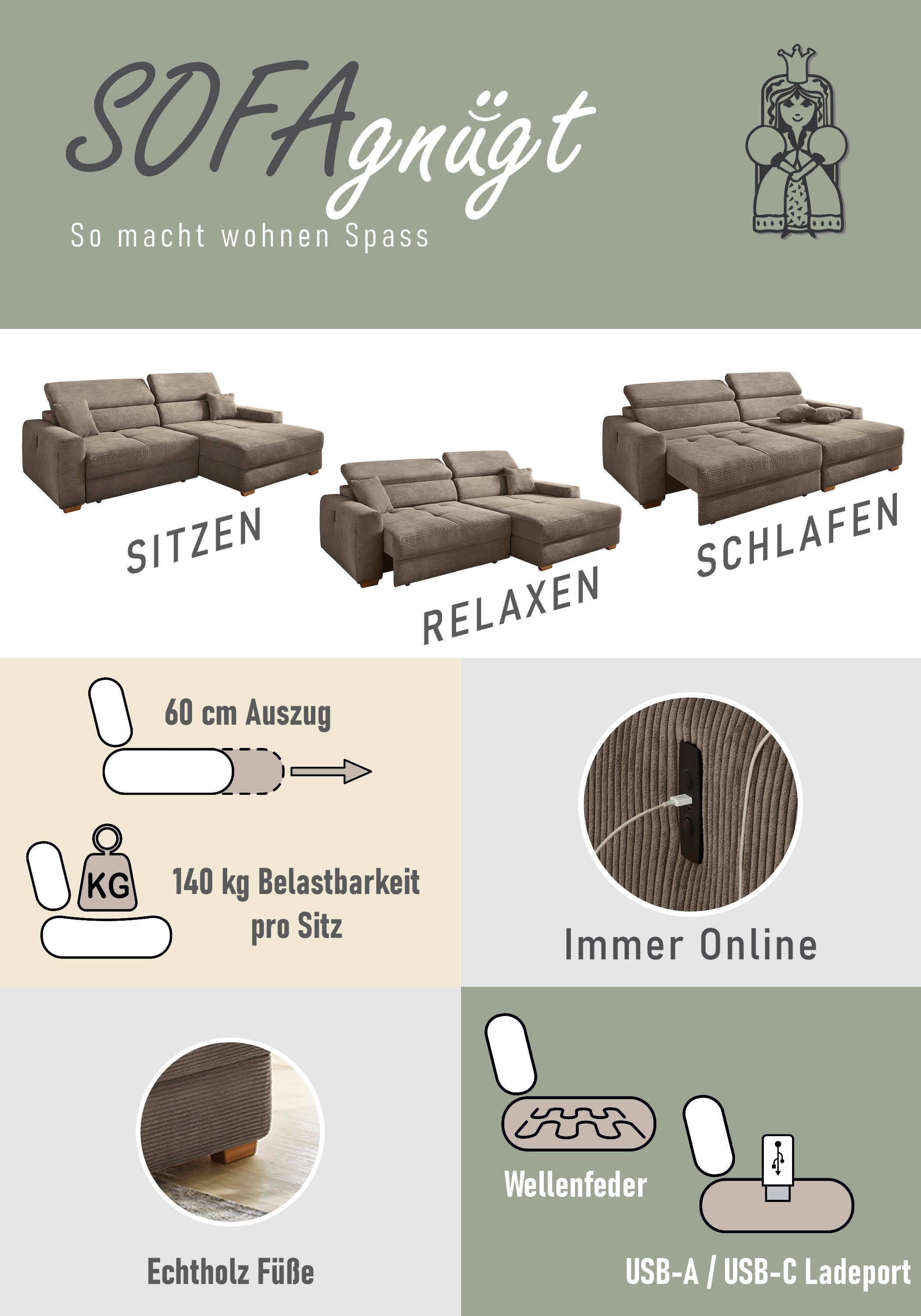 Jockenhöfer Gruppe Ecksofa »Slider L-Form, B: 277 cm Couch, 60cm elektrische Sitztiefenverstellung« 140kg Belastbarkeit, USB-Anschluss, Kopfteilverstellung & Zierkissen