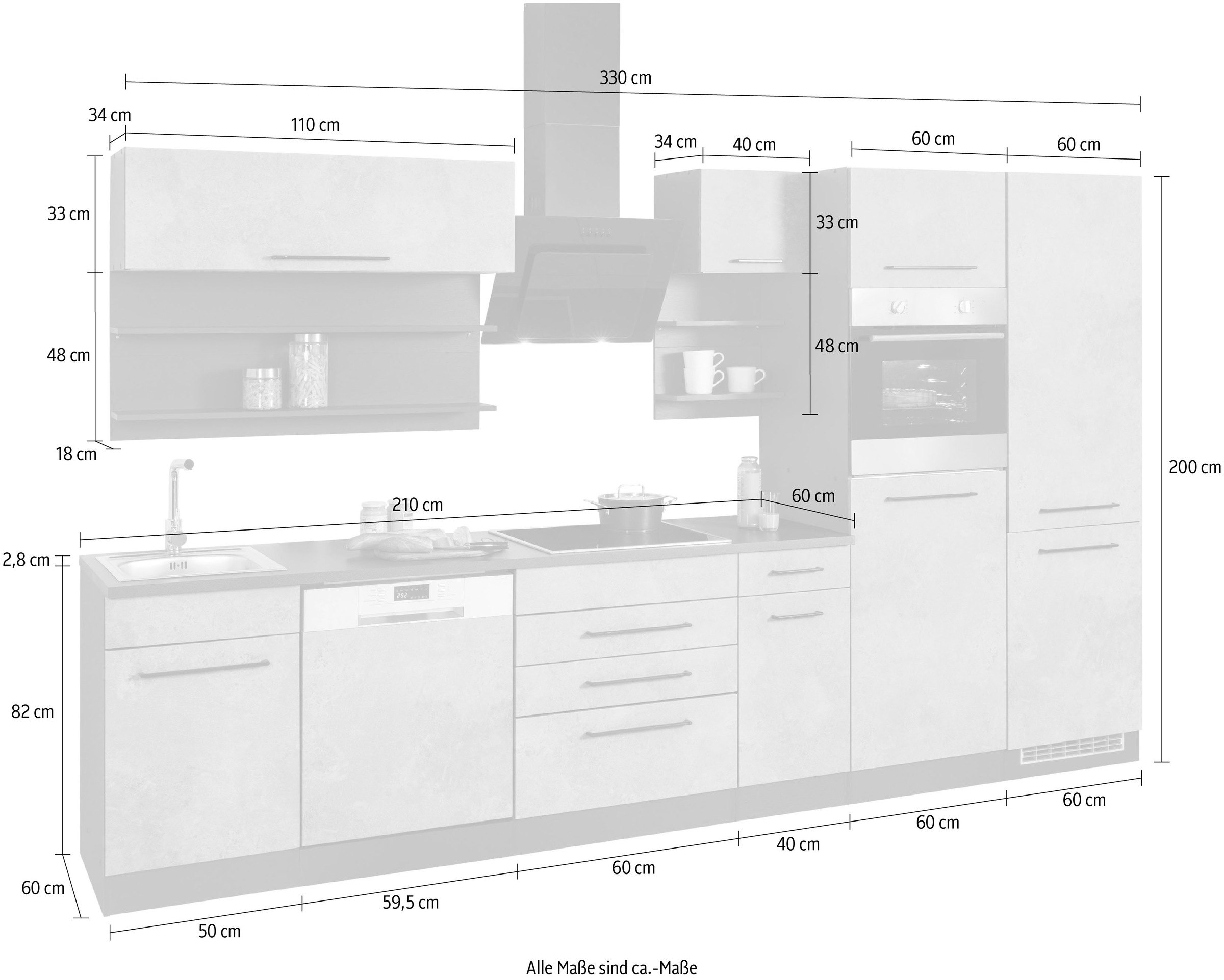 KOCHSTATION Küchenzeile »KS-Tulsa« ohne E-Geräte, Breite 330 cm, schwarze Metallgriffe, MDF Fronten