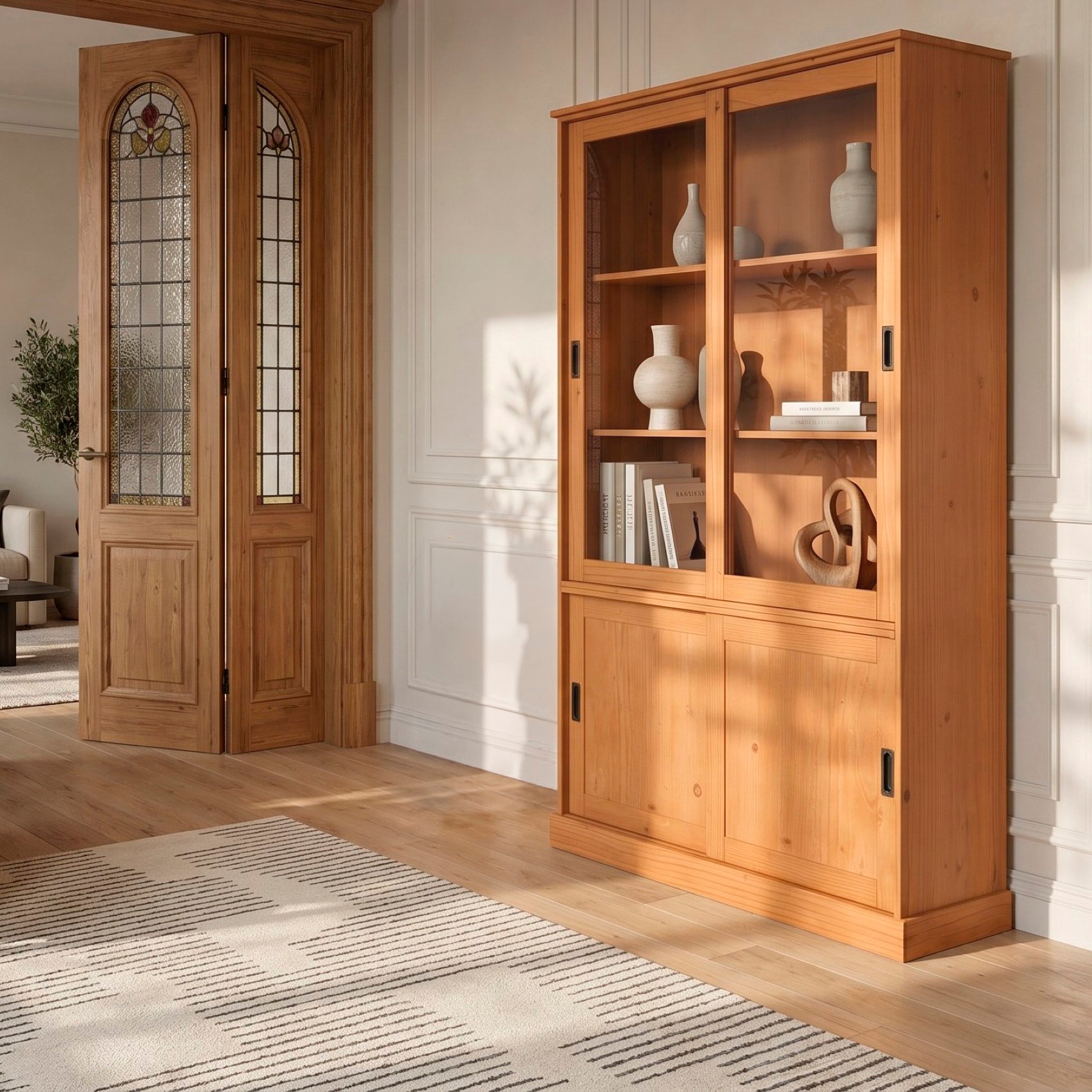GOODproduct Vitrines »Schröder« avec 2+2 portes coulissantes, en pin massif, largeur 114 cm