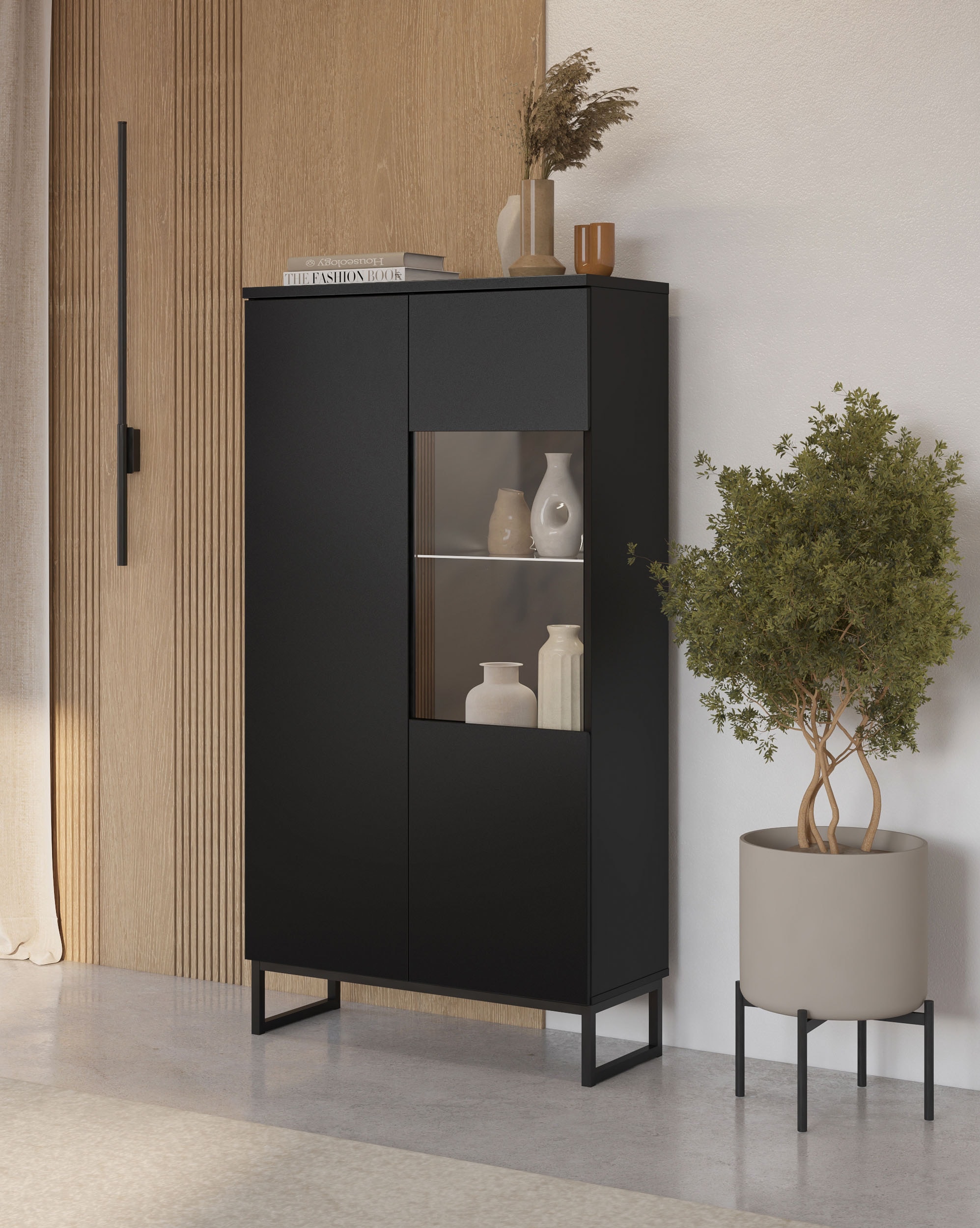 GOODproduct Vitrines »Modo II, Breite 80 cm, moderner griffloser Vitrineschrank« vitrine avec beaucoup d’espace de rangement, étagères réglables, porte en verre, patins en métal