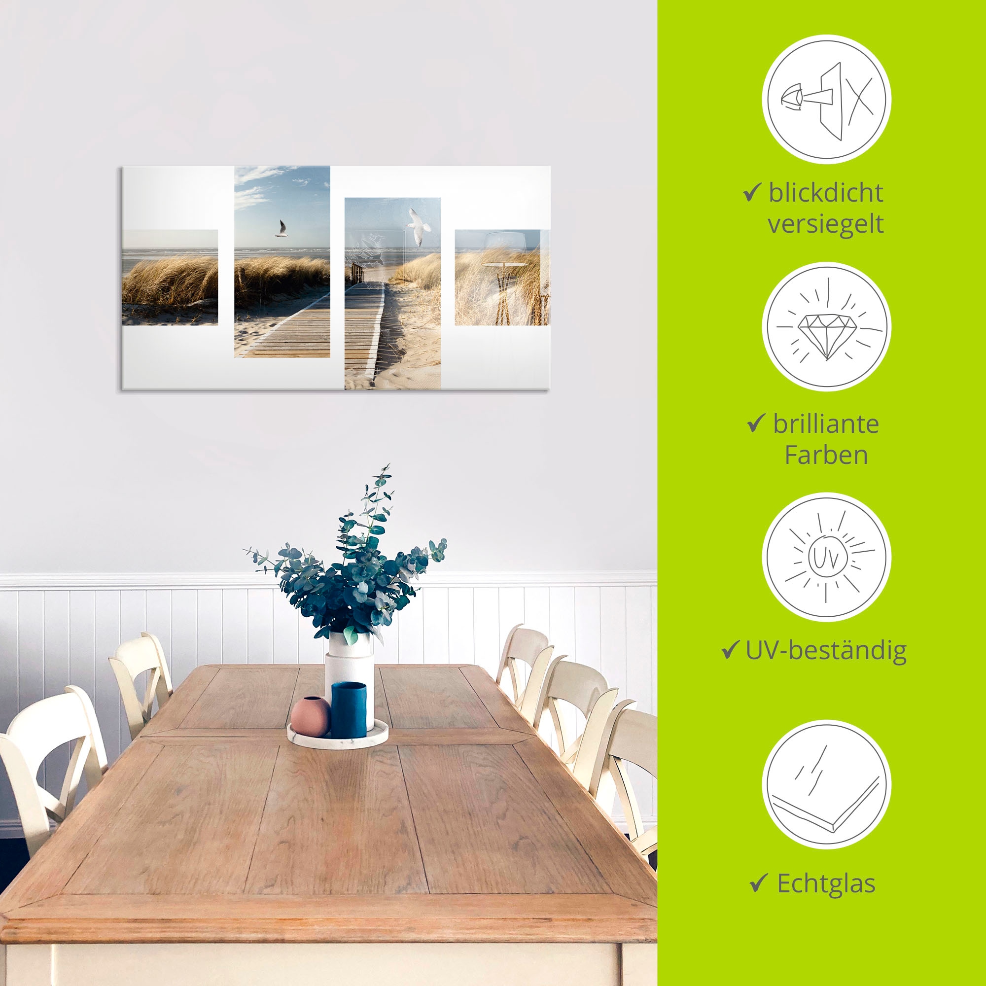 Artland Tableau en verre »Nordseestrand auf Langeoog mit Möwen« 1 cuis tlg. in verschiedenen Grössen