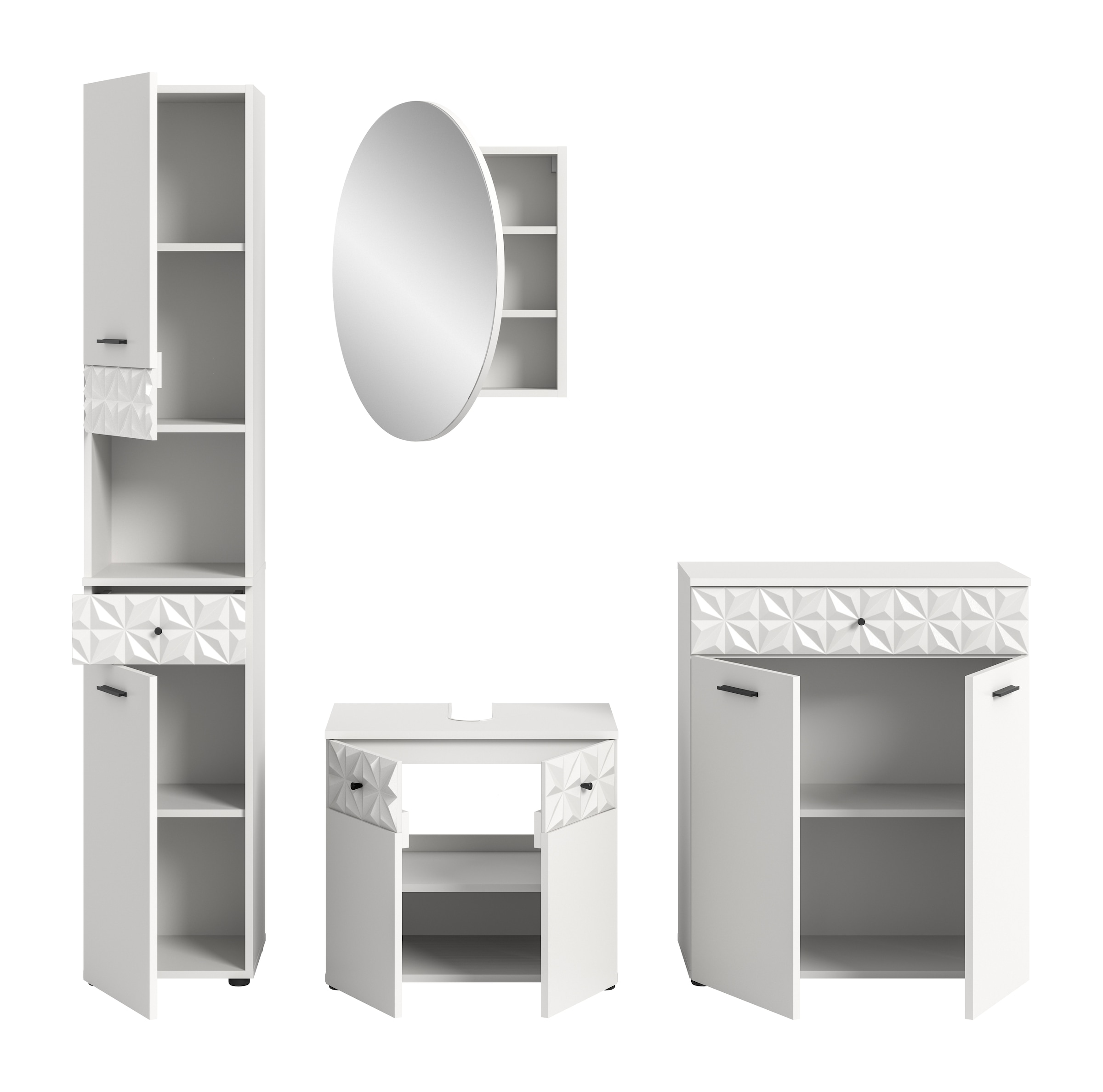 INOSIGN Badezimmer-Set »VICENZA, TOPSELLER!, Breite 195cm, 4-teilig, mit Ornamentabsetzung« Hochschrank, Waschbeckenunterschrank, Spiegelschrank & Unterschrank, 