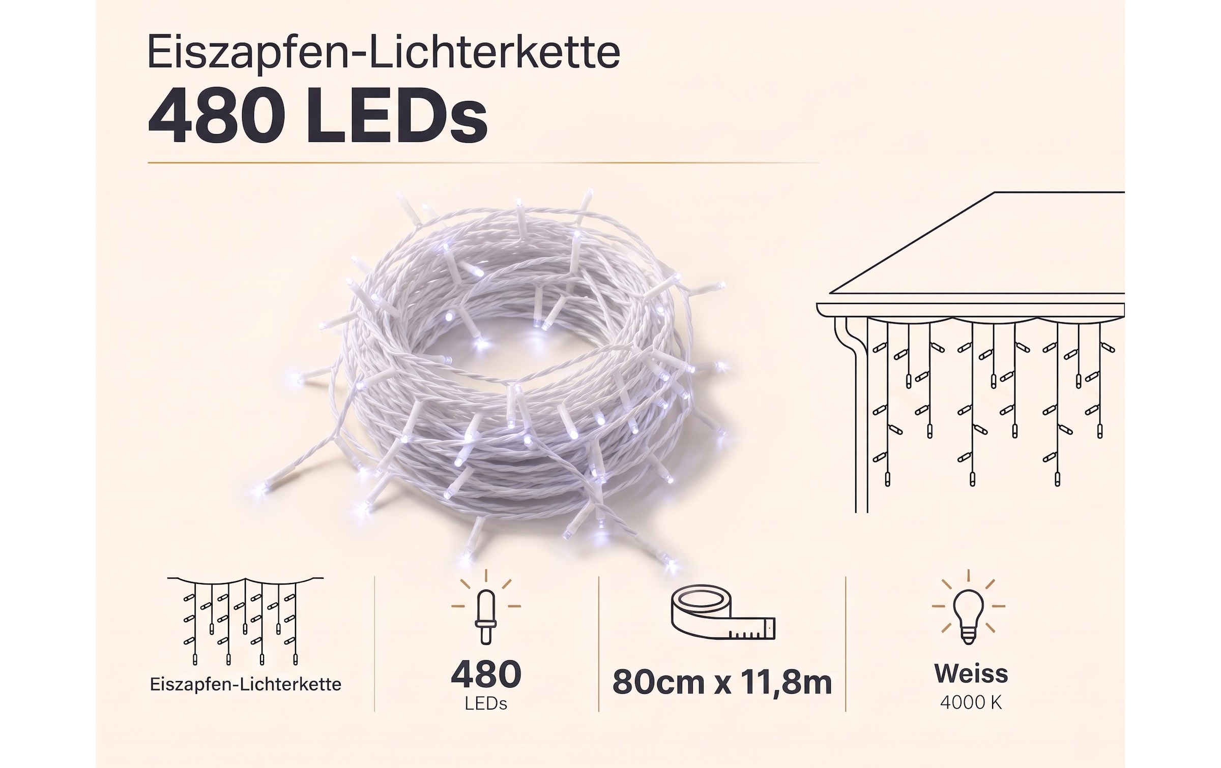 Cocon Guirlande lumineuse »Eiszapfen-Lichterkette, 480 LEDs Neutralweiss, 11.8 m«
