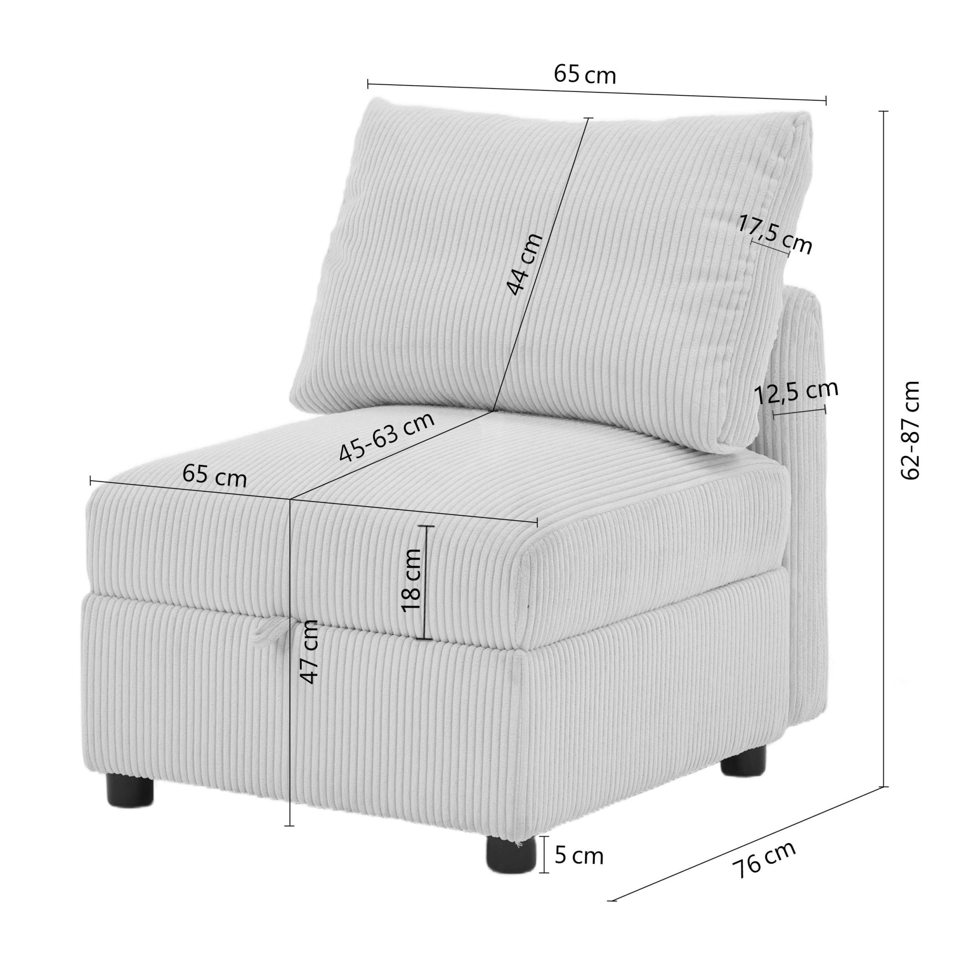 Dorel Home Fauteuil »STILHUS Sofa-Mittel-Element, mit Stauraum, Breite 65 cm, Cord-Bezug« peut être utilisé comme module ou séparément - combinable individuellement