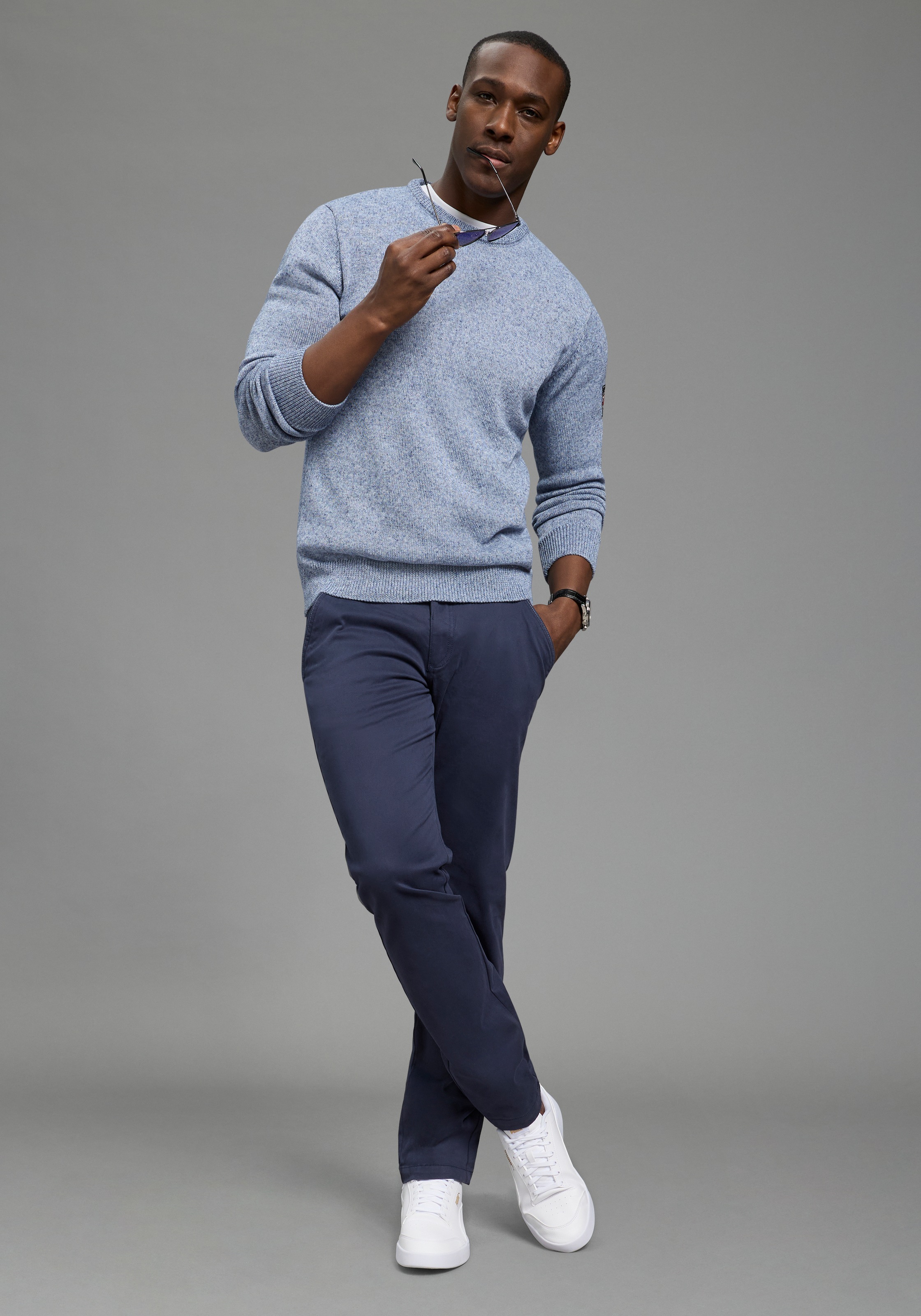 DELMAO Pull à col rond »Neue Kollektion! Sommerlicher Leinenanteil« Rundhalsausschnitt, regular fit, Langarm, melierte Optik