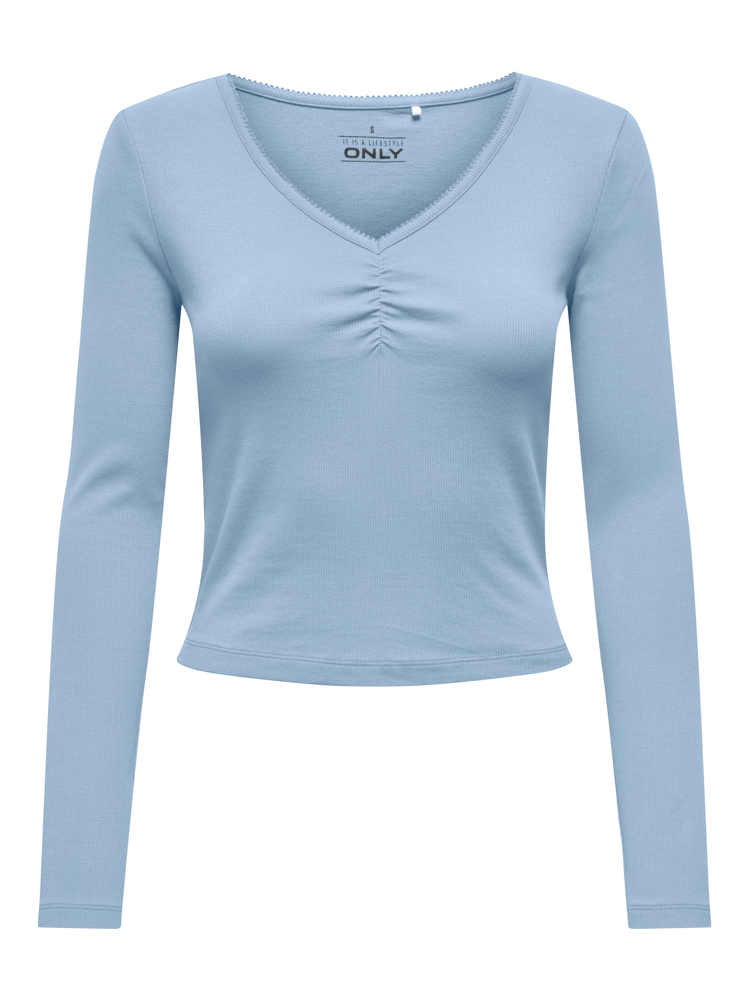 ONLY Langarmshirt »ONLBETTY LIFE L/S SCALLOP V-NECK CC JRS« mit Raffung am Ausschnitt