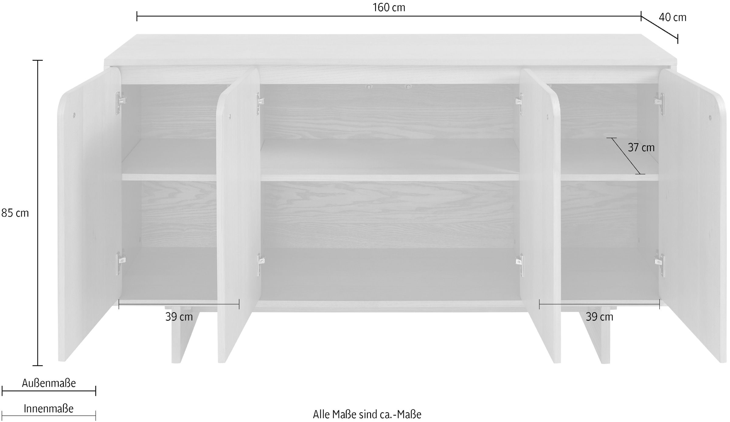 LeGer Home by Lena Gercke Sideboard »Lurea« Breite 160 cm, Soft-Close, Push to open, Massivholzbeine