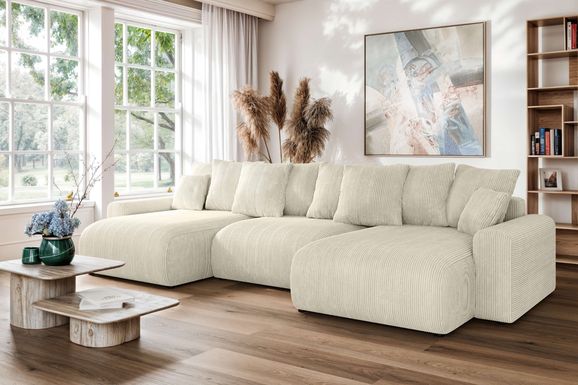 Home affaire Wohnlandschaft »LAKESIDE mit Bettfunktion und Bettkasten, Masse B/T/H: 332,5/142/84 cm« U‑Form mit vielen Kissen und Wellenunterfederung