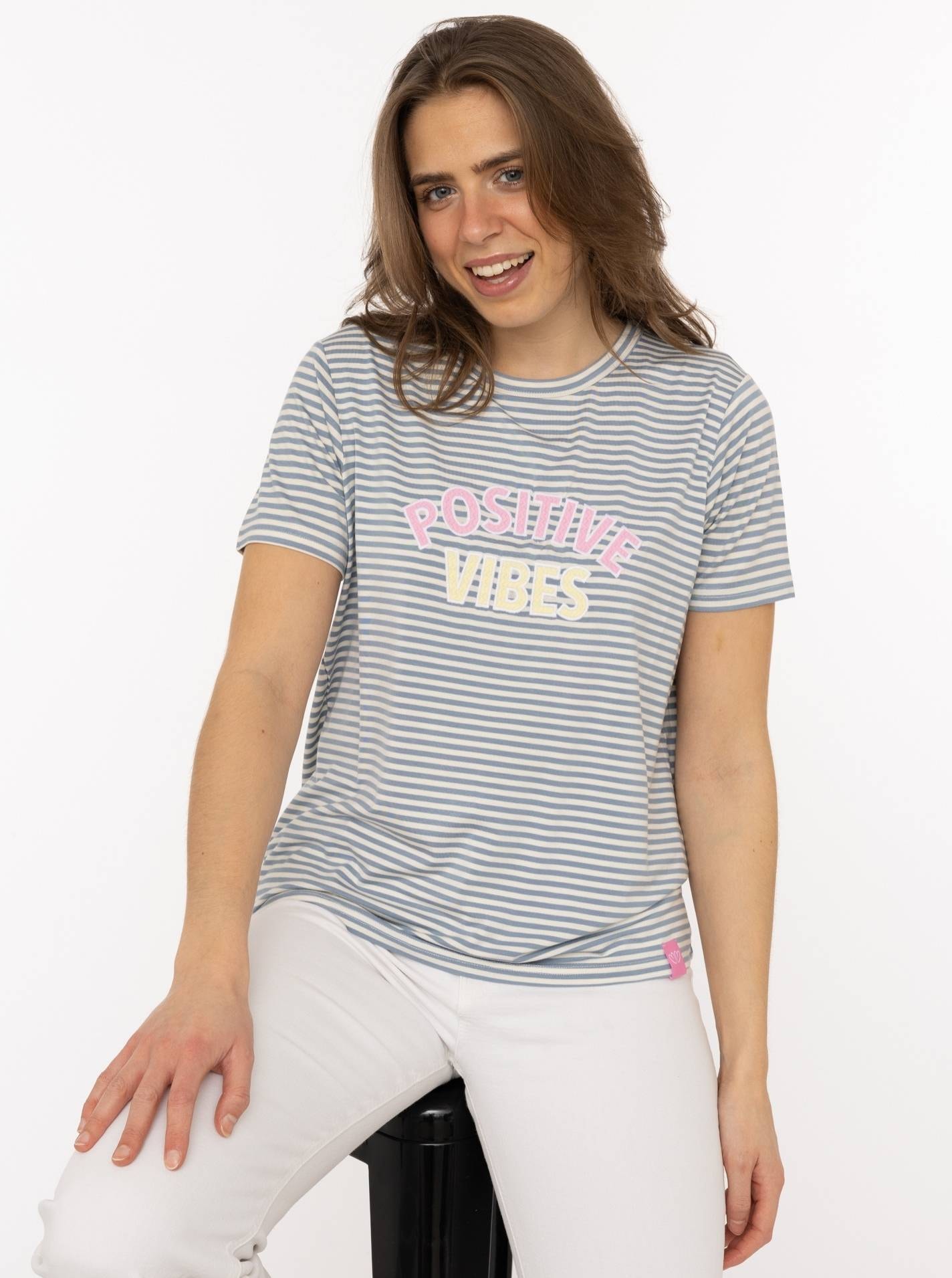 Zwillingsherz T-shirt »"Positive Vibes"« gestickter Statement Schriftzug, Rundhals