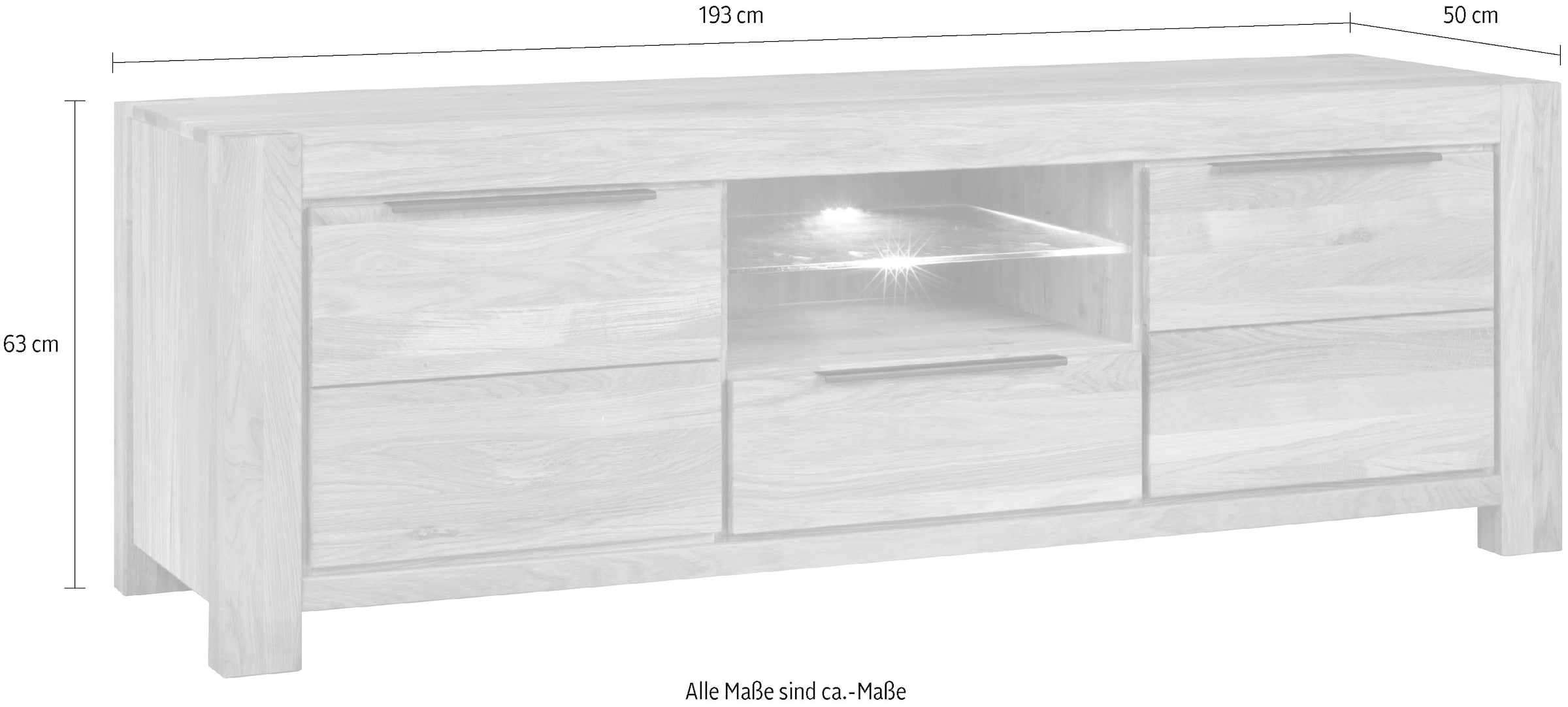 Home affaire Table basse Eiche teilmassiv, B: 193cm, Schwarze Elemente, 2 offene Fächer.