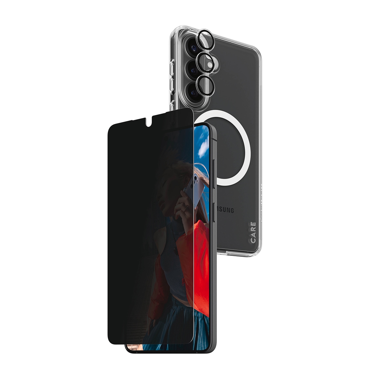 CARE by PanzerGlass Displayschutzglas »3-in-1 Protection Privacy Bundle« für Samsung Galaxy S26+ Displayschutzfolie, Schutzfolie, Bildschirmschutz, kratz- & stossfest