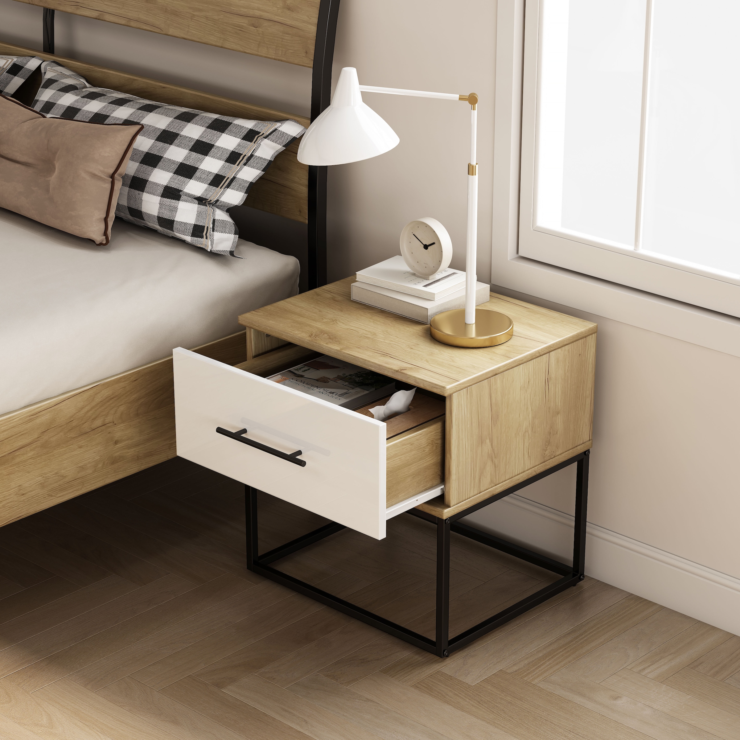 GOODproduct Table de nuit »Lucca Nachttisch Set mit Metallkufen und schwarzen Griffen« Set, 2 Schränke im Set , Hochglanz Fronten in weiss,  Nchttisch Set mit je einer Schublade in Loft Design