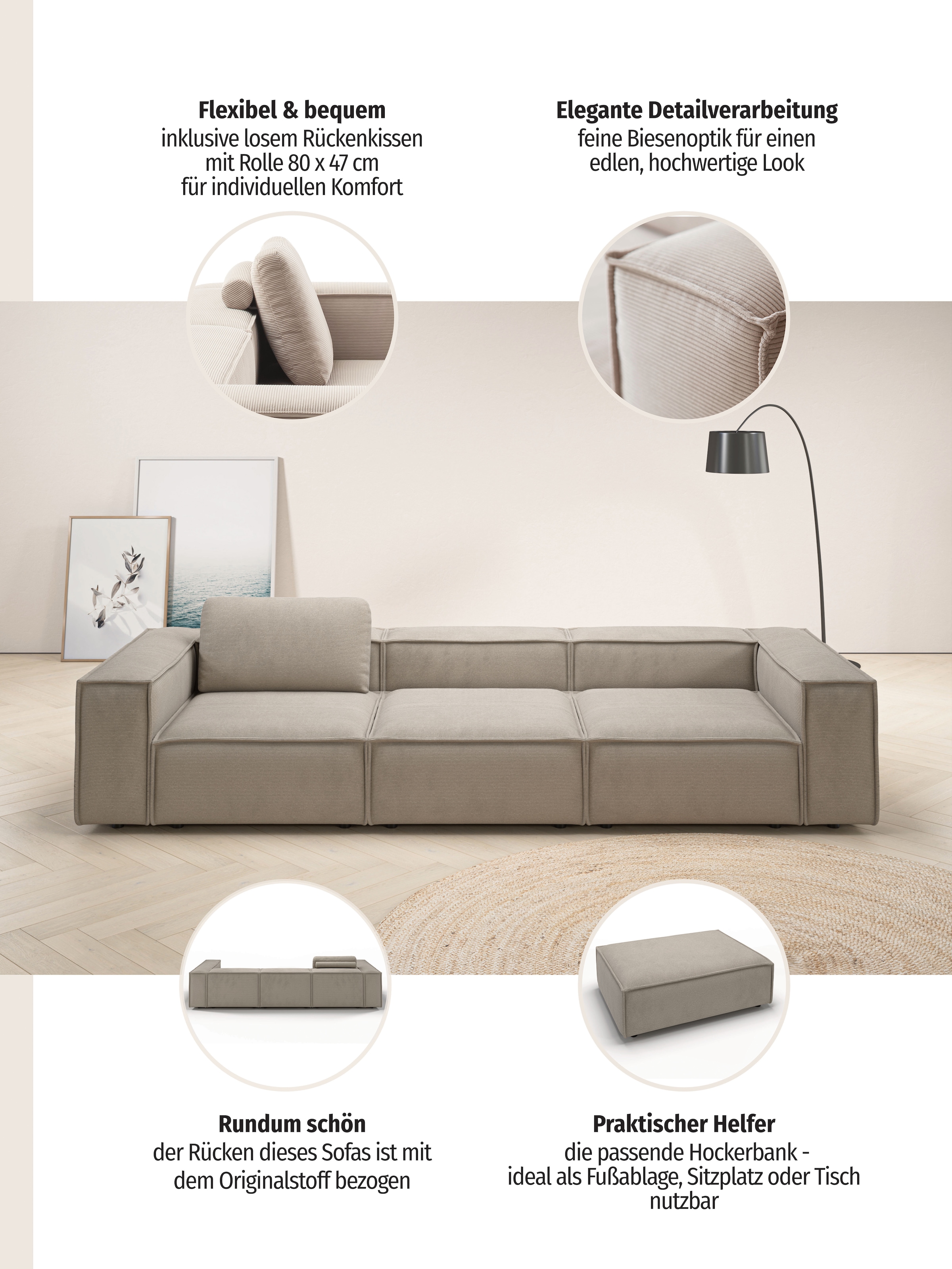 Home affaire 3,5-places »Watertown, modernes Big-Sofa XXL, 336 cm Breite, Japandi Design« énorme canapé design avec beaucoup d'espace & revêtements doux dans des couleurs tendance