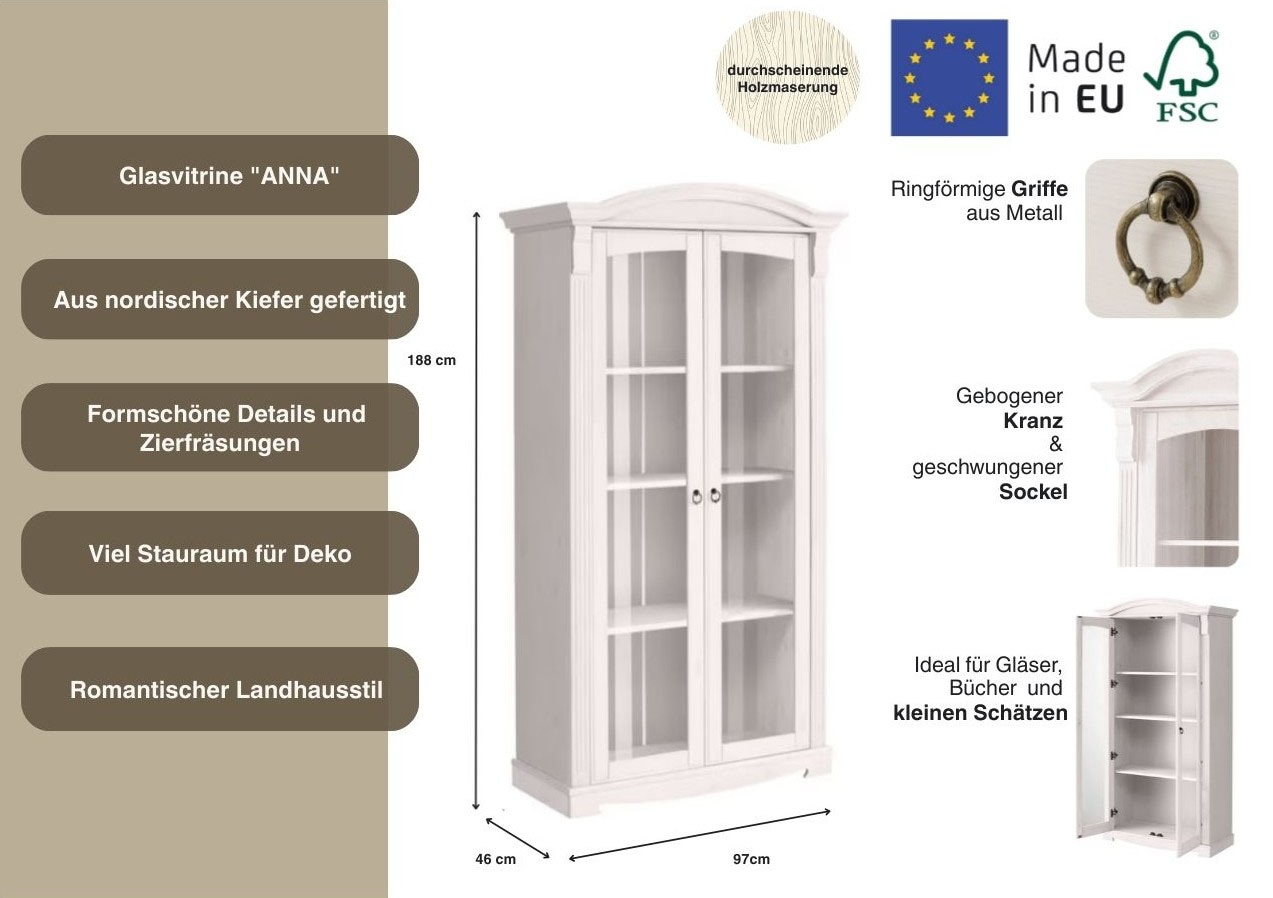 GOODproduct Vitrine »Anna« Gesamtmasse (B/T/H): ca. 97/46/188 cm,  mit Glastüren, Höhe 188 cm, Massivholz, mit Zierfräsungen, FSC®