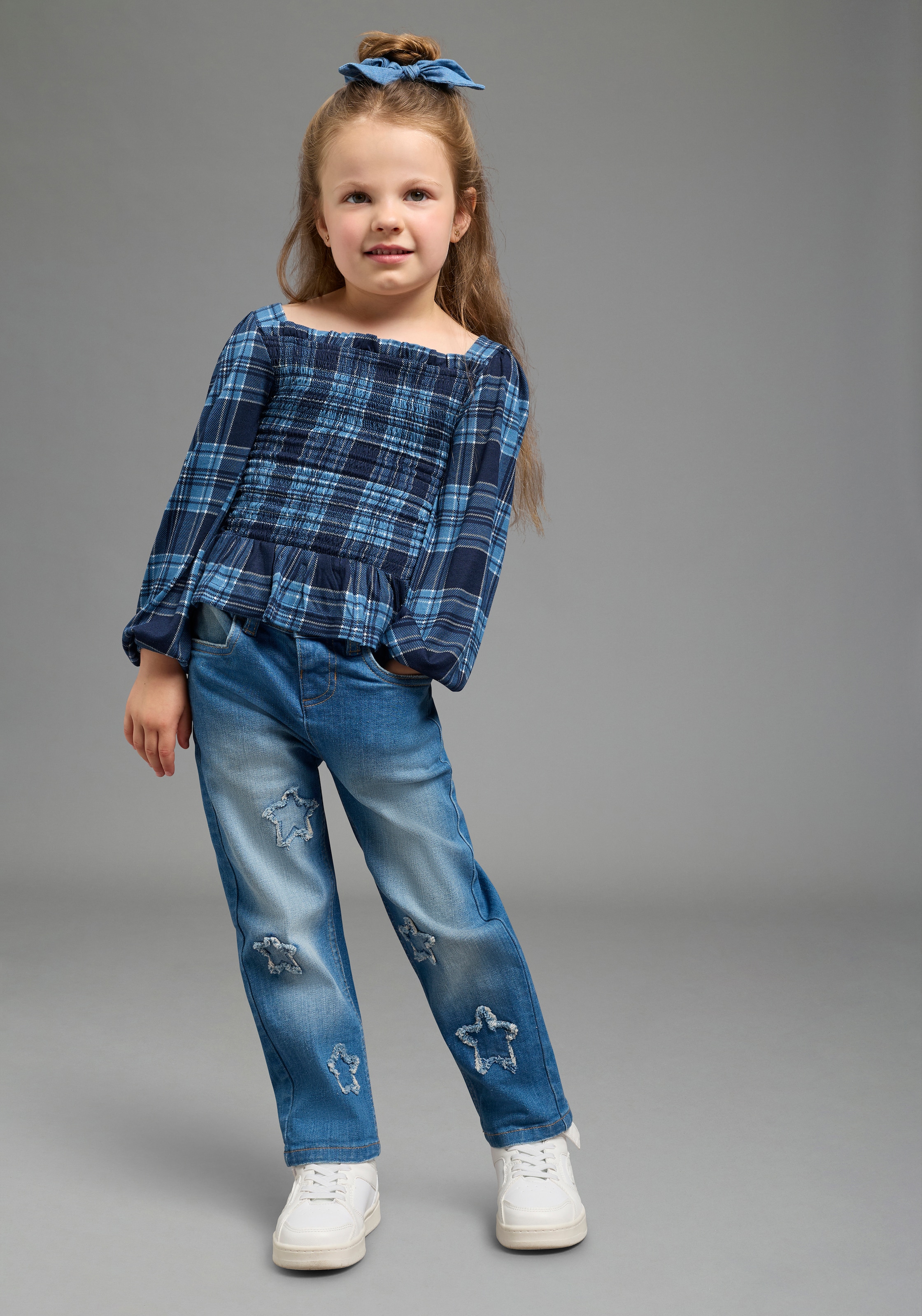 KangaROOS T-shirt à manches longues »Kariertes KangaROOS Viskose-Shirt mit Smoke-Partie« T-shirt en viscose doux avec manches bouffantes, à carreaux, bas smocké