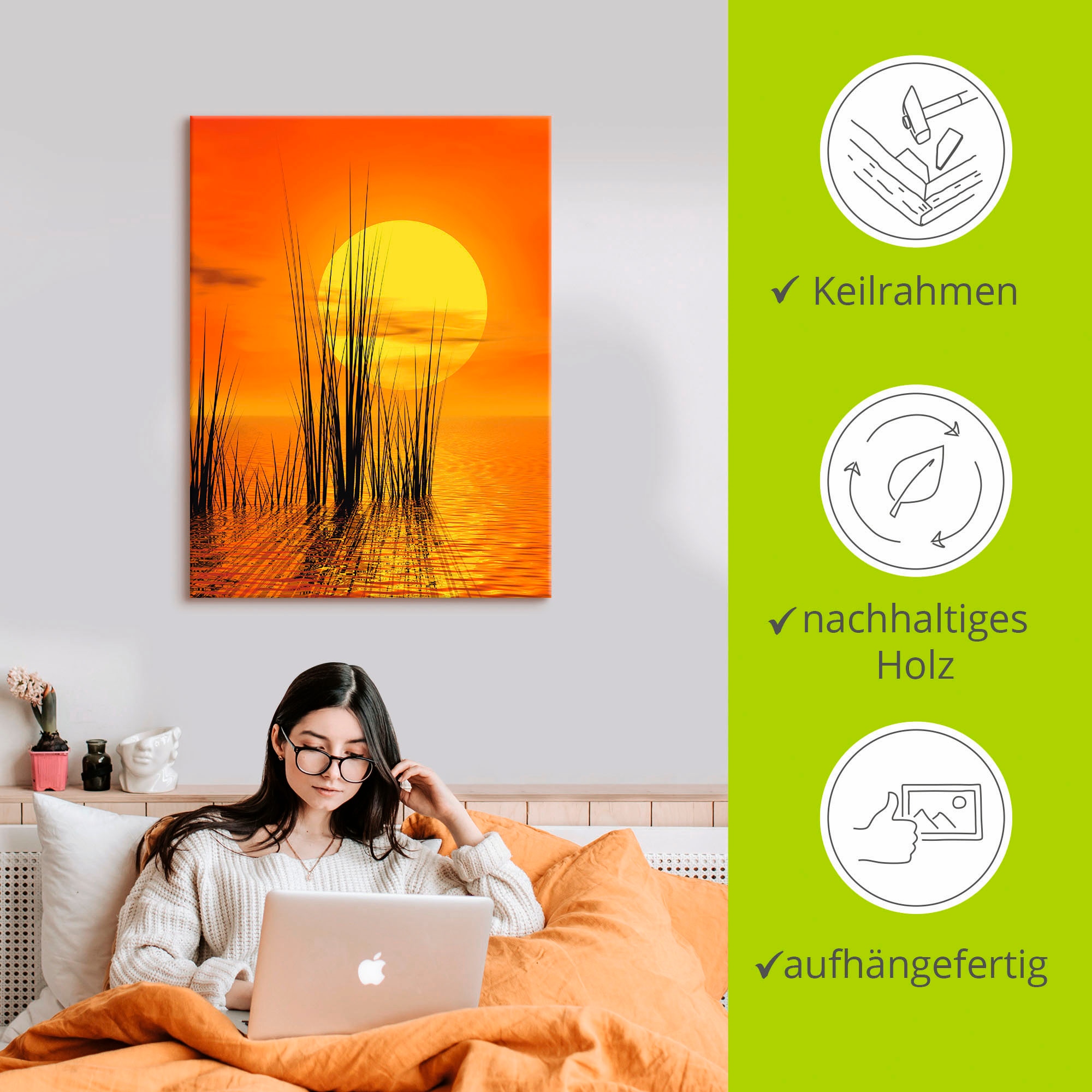 Artland Tableau sur toile »Sonnenuntergang mit Schilf« 1 cuis tlg. auf Holzrahmen gespannt