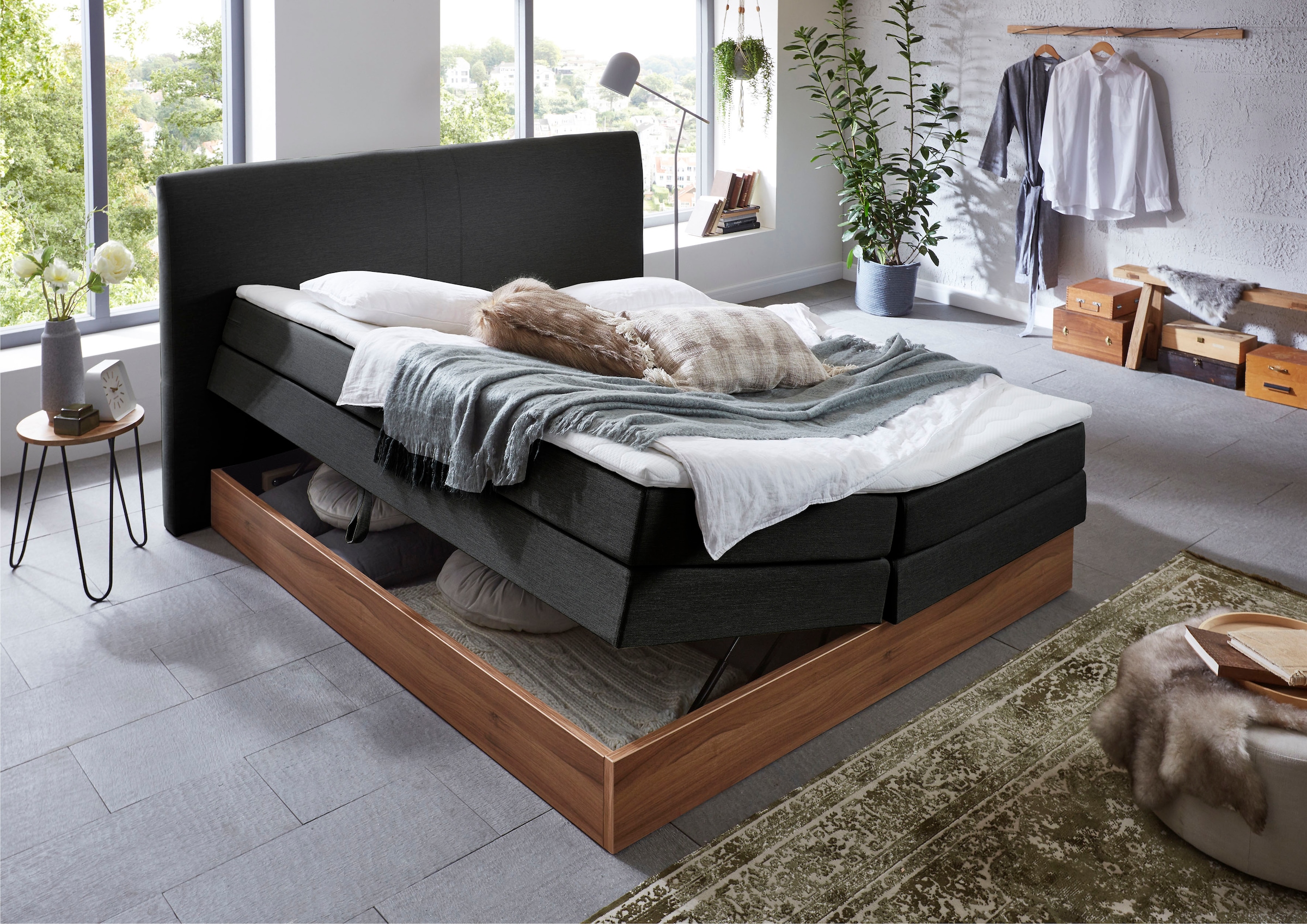 Home affaire Lit boxspring »Blomen« avec décor noix, avec coffre de lit, différentes fermetés, avec surmatelas
