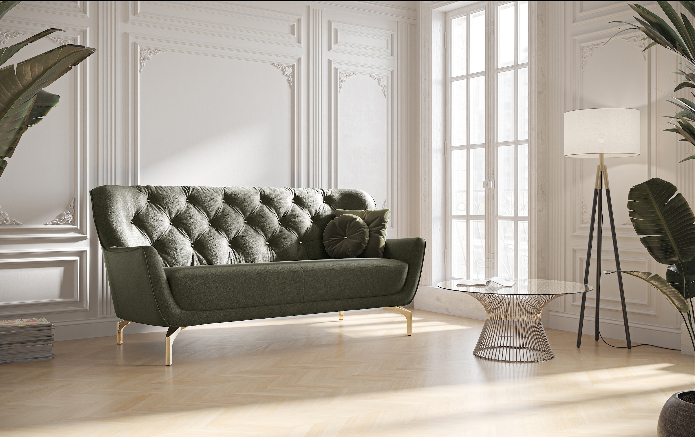 sit&more 3-Sitzer »Orient 3« inkl. 2 Zierkissen mit Strass-Stein, goldfarbene Metallfüsse