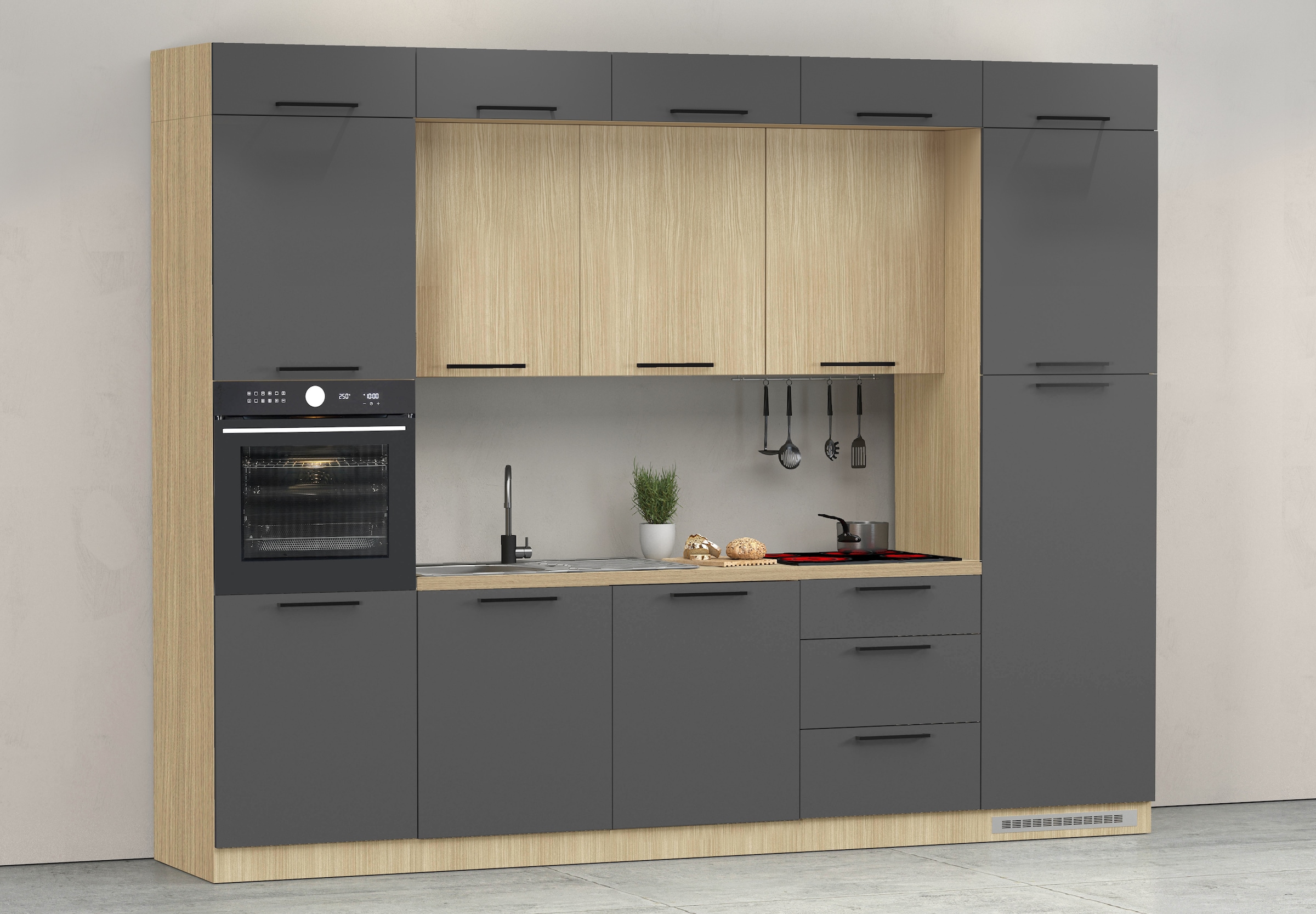 KOCHSTATION Kitchenette »Luna, Einbauküche, Zeilenküche, mit Soft-Close Funktion, Made in Italy« Breite 300 cm ohne E-Geräte, mit Spüle+Siphon und Aufsatz