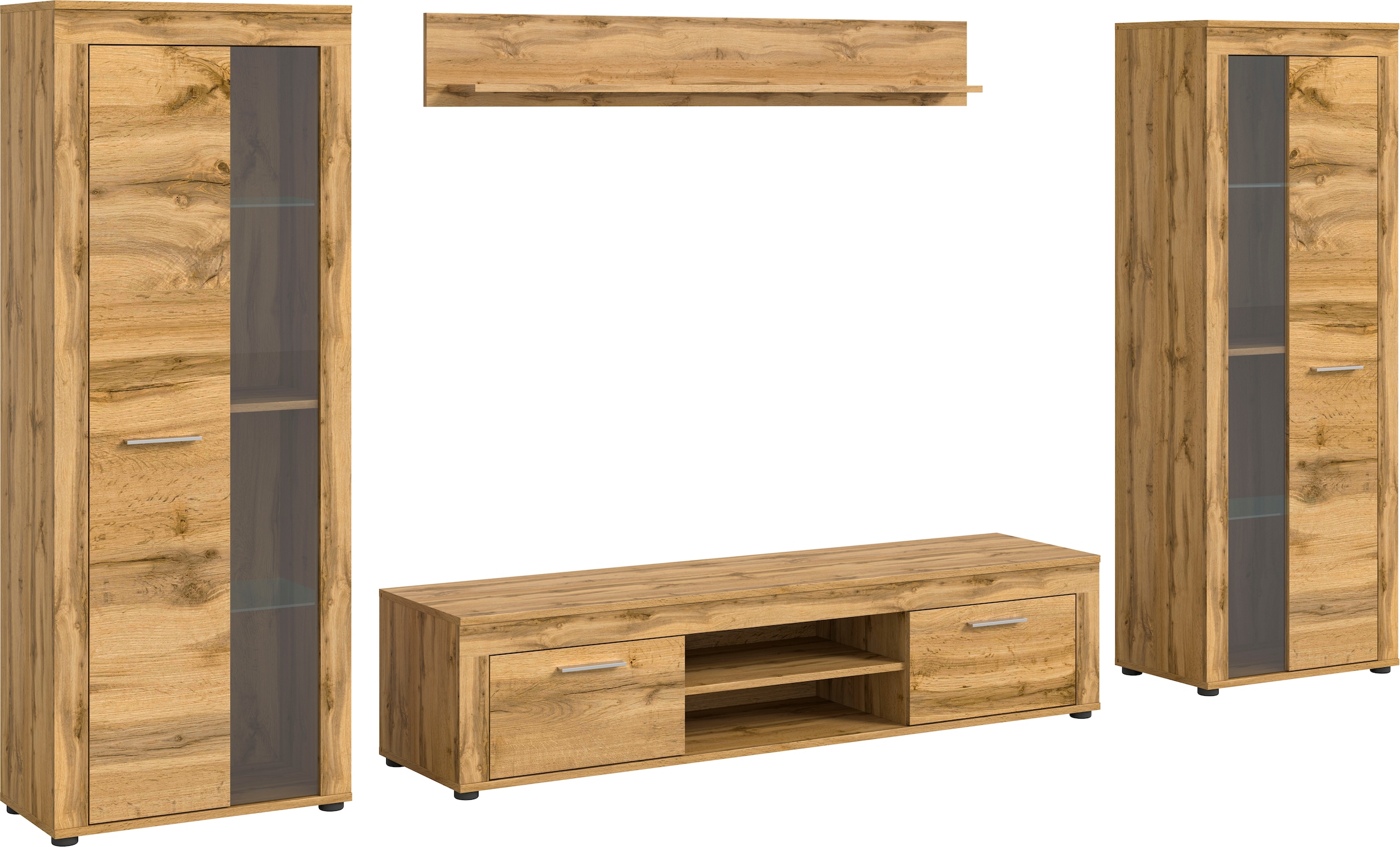 Home affaire Meuble mural »AOSTA, Breite 310cm, 4-teilige Wohn-Kombination« bestehend aus: 2x Vitrine, Lowboard, Wandboard, 