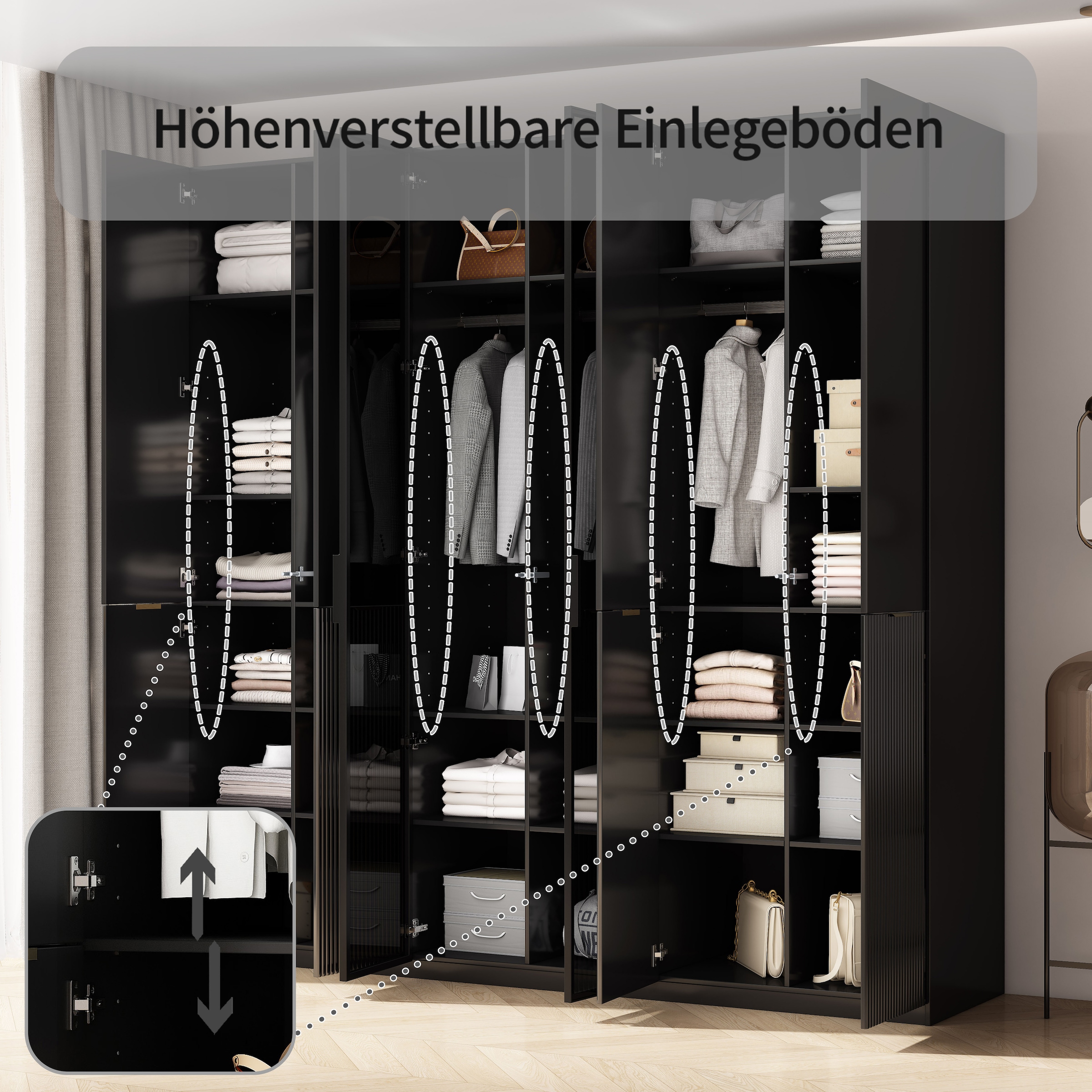 GOODproduct Kleiderschrank »Jorella Schlafzimmerschrank Garderobe mit Softclose Türen Glastüren« eleganter Schlafzimmerschrank Rillendesign Trend Breite 241cm Grauglas