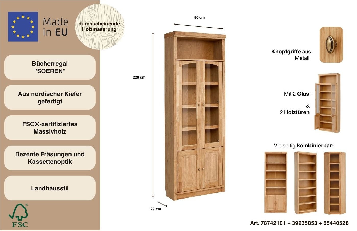 Home affaire Étagère à livres »Soeren« Tiefe 29 cm, Höhe 220 cm, 4 Türen,  FSC®-zertifiziert