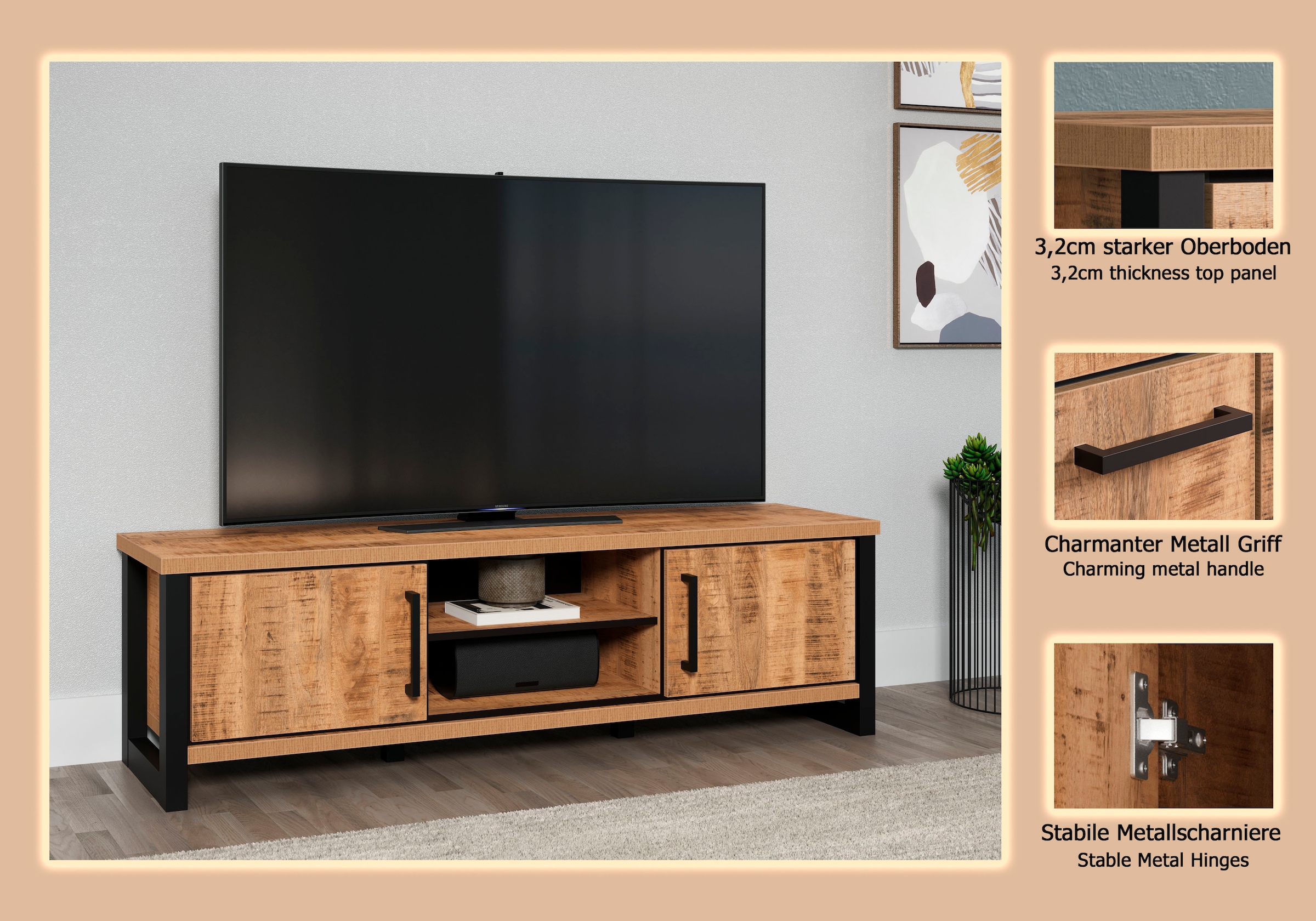 Home affaire Table basse »Elda« 1 cuis tlg. TV Lowboard mit 2 Türen und 2 offenen Fächern – (B/T/H) 166/45/50 cm