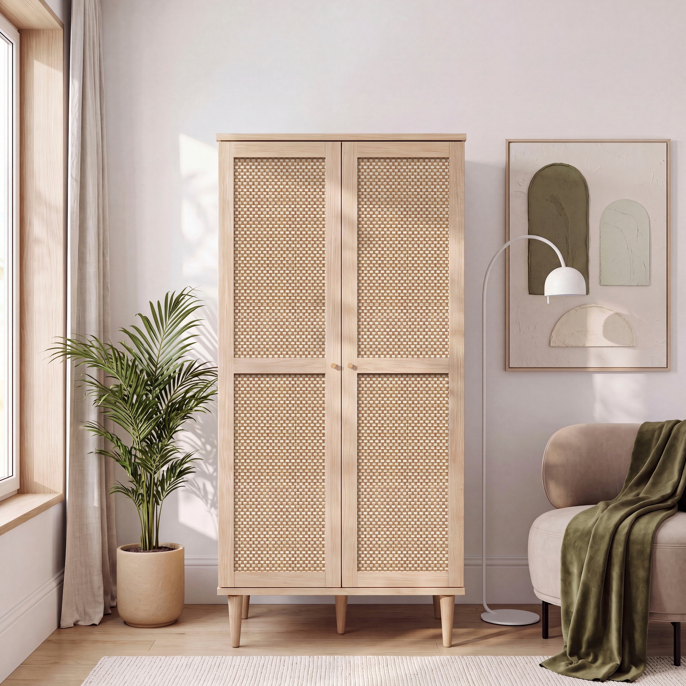 GOODproduct Kleiderschrank »ELLIAN, Kinderzimmerschrank, Rattan, Wiener Geflecht, 80cm breit« Boho-Stil, Holzfüsse, Metallgriffe, Made in EU, viel Stauraum, FSC®