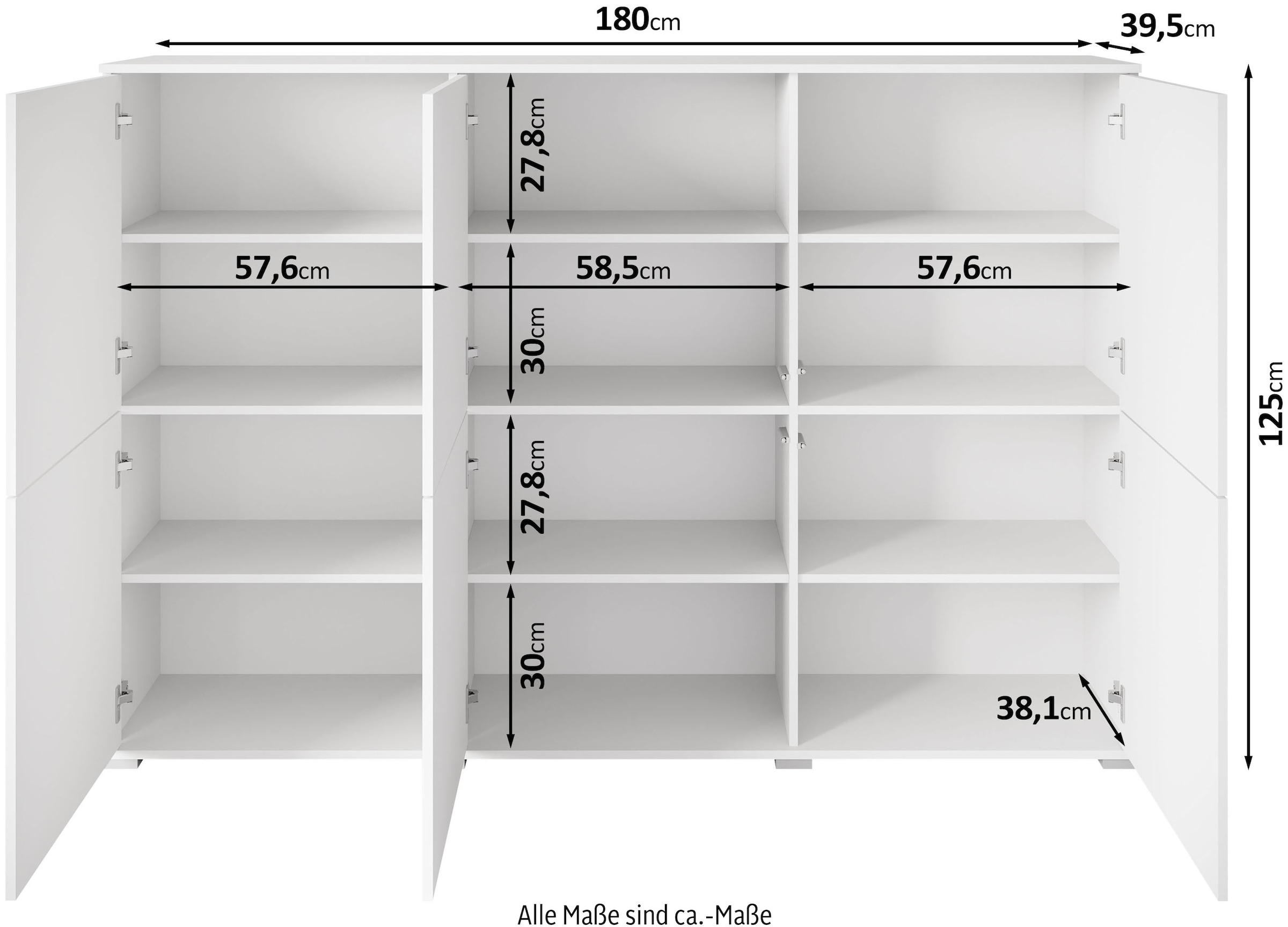 GOODproduct Buffet haut »Kenia, moderne grifflose Hochkommode mit 6 Türen, Breite 180 cm« 1 cuis tlg. façades push-to-open, étagères réglables en hauteur