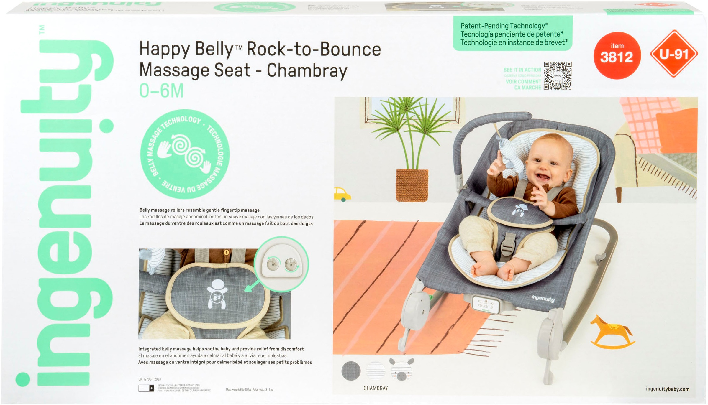 ingenuity Babywippe »Happy Belly™ Rock-to-Bounce Massage Seat - Chambray« bis 9 kg mit Melodien und Geräuschen