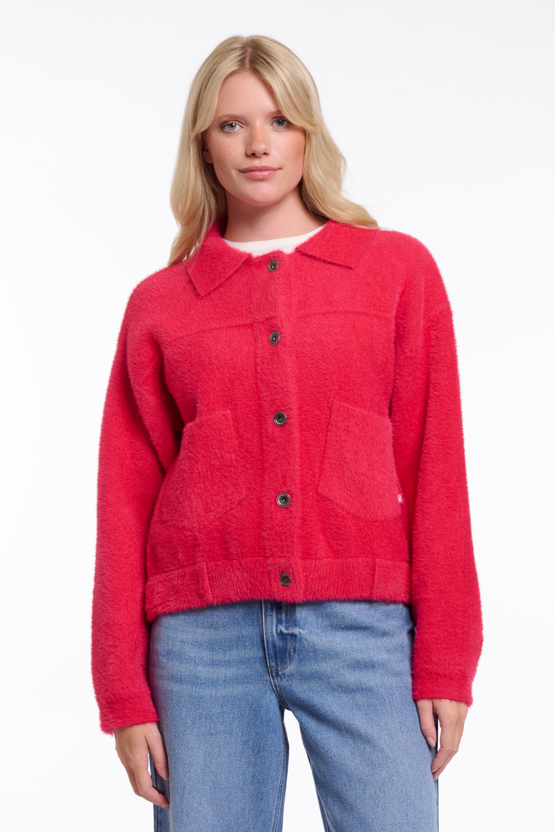 Rino & Pelle Cardigan »BUBBLY« avec un aspect duveteux, manches longues, col rond, sans capuche, en mélange de matières