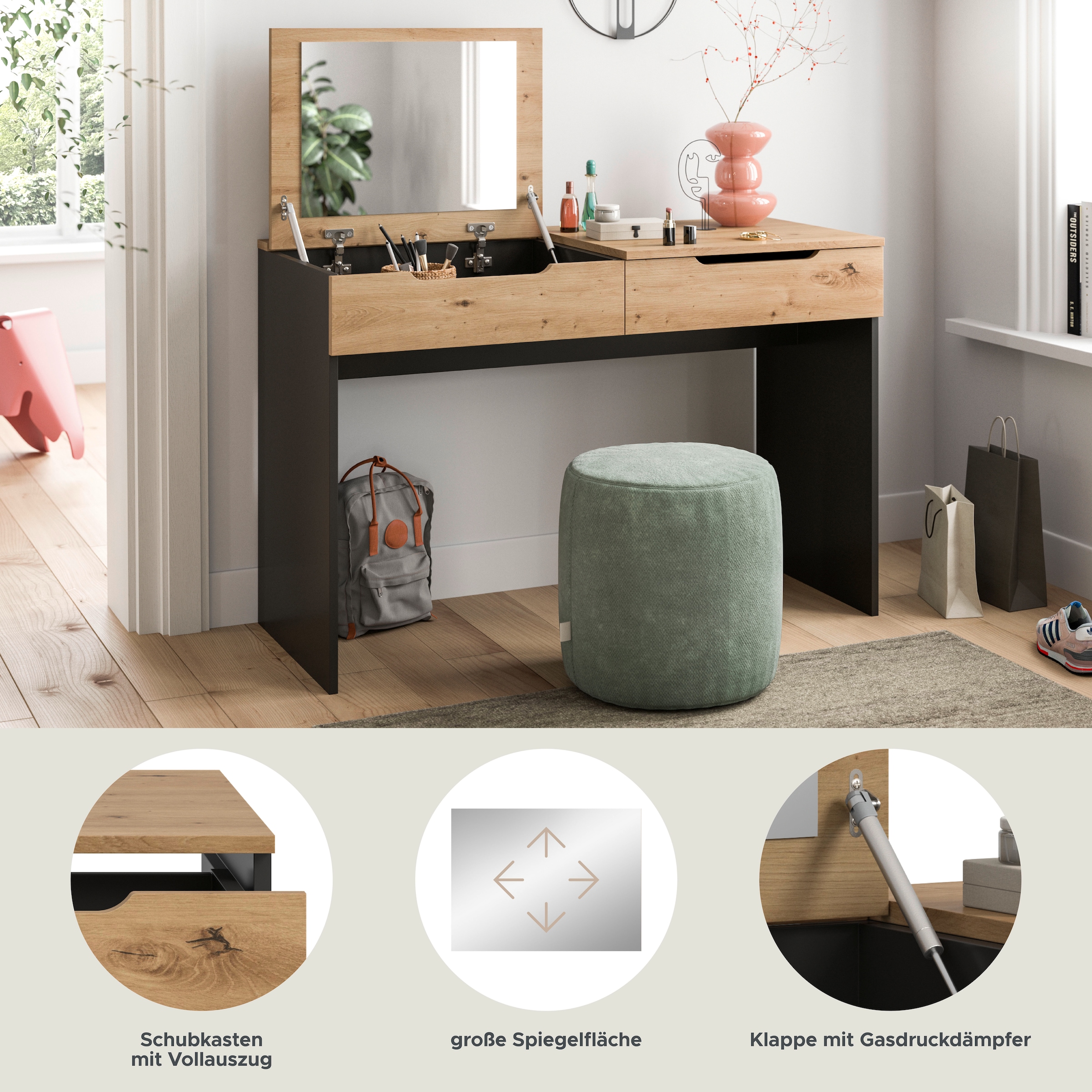 Home affaire Coiffeuse »REHAT, TOPSELLER!, Breite 115cm, 1 Schubkasten, Klappe inkl. Spiegel« Table console, table, table pliante, buffet, secrétaire, commode