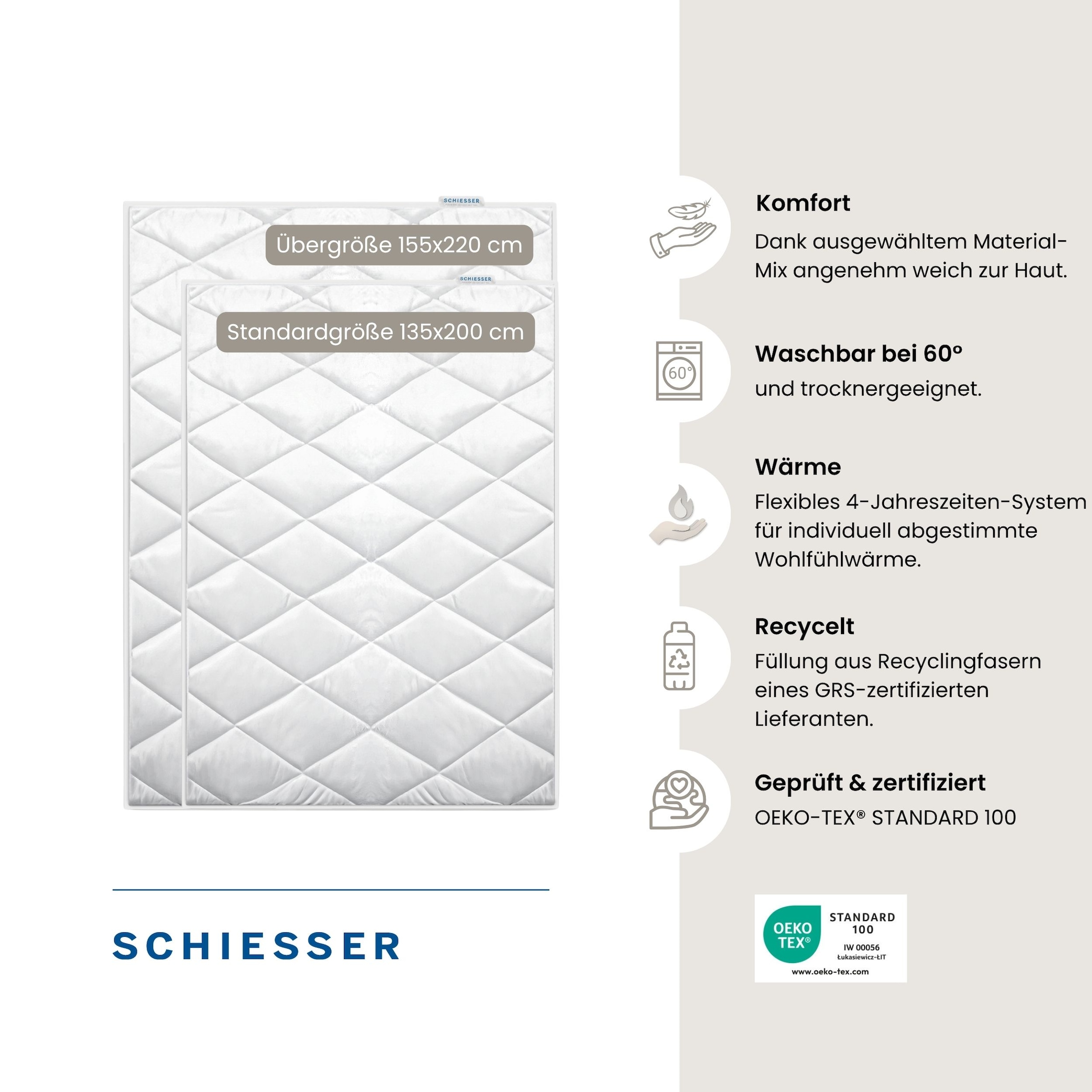 Schiesser Lit 4 saisons »Lykke - 2 zusammenknöpfbare Steppdecken für Sommer und Winter« 4 saisons 1 cuis tlg. Certifié STANDARD 100 par OEKO-TEX®